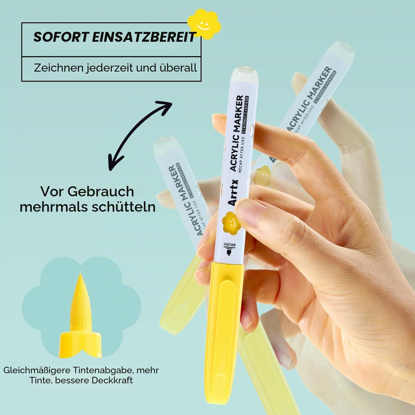 Arrtx Acrylmarker Set 36 Farben mit Pinselspitze für Steine, Holz, Glas, Keramik, Permanent, deckend für Kunst, Rock Painting, DIY