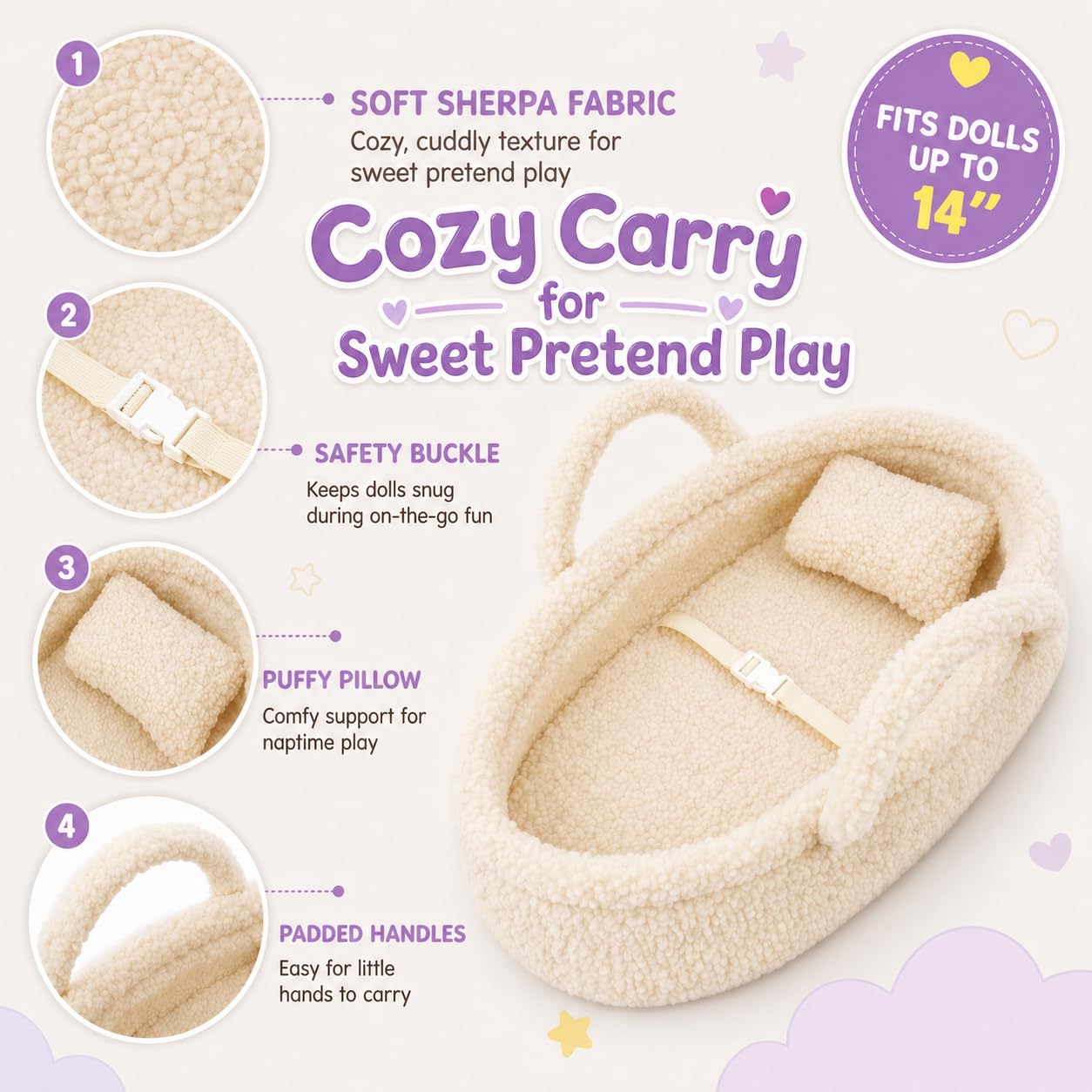Lit de rêve douillet pour poupée - Porte-poupée portable - Convient pour les poupées American Girl ou les ours en peluche jusqu'à 36 cm - Blanc