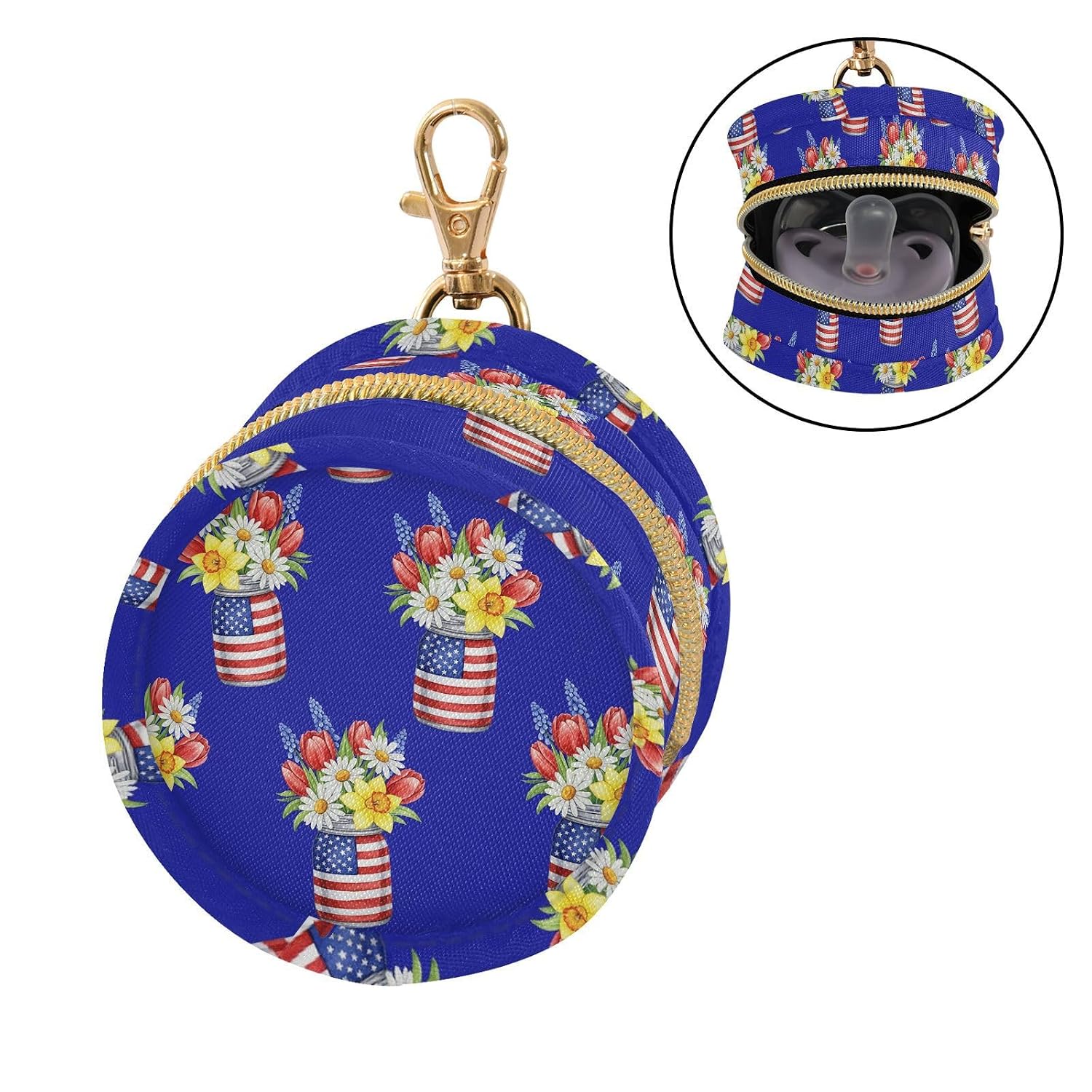 American Flag Mason Jar Flowers Baby Pacifier Holder Case with Clip Portable Pacifier Storage Organizer Round Container Pouch Box Fits Diaper Bag Stroller Purse image 2