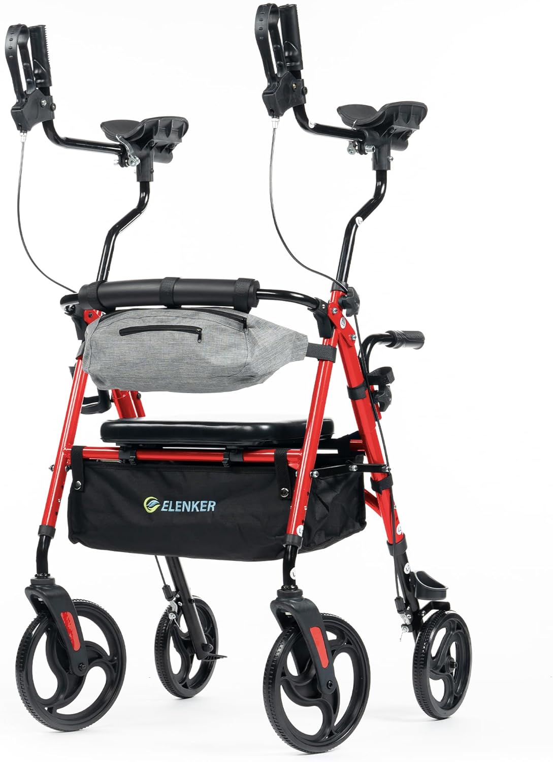 ELENKER Upright Rollator Walker, Stand Up Walkers for Seniors with Armrest, Front Pouch, 10”Wheels, Sponge Padded Seat and Backrest, Fully Adjustment Frame, Black