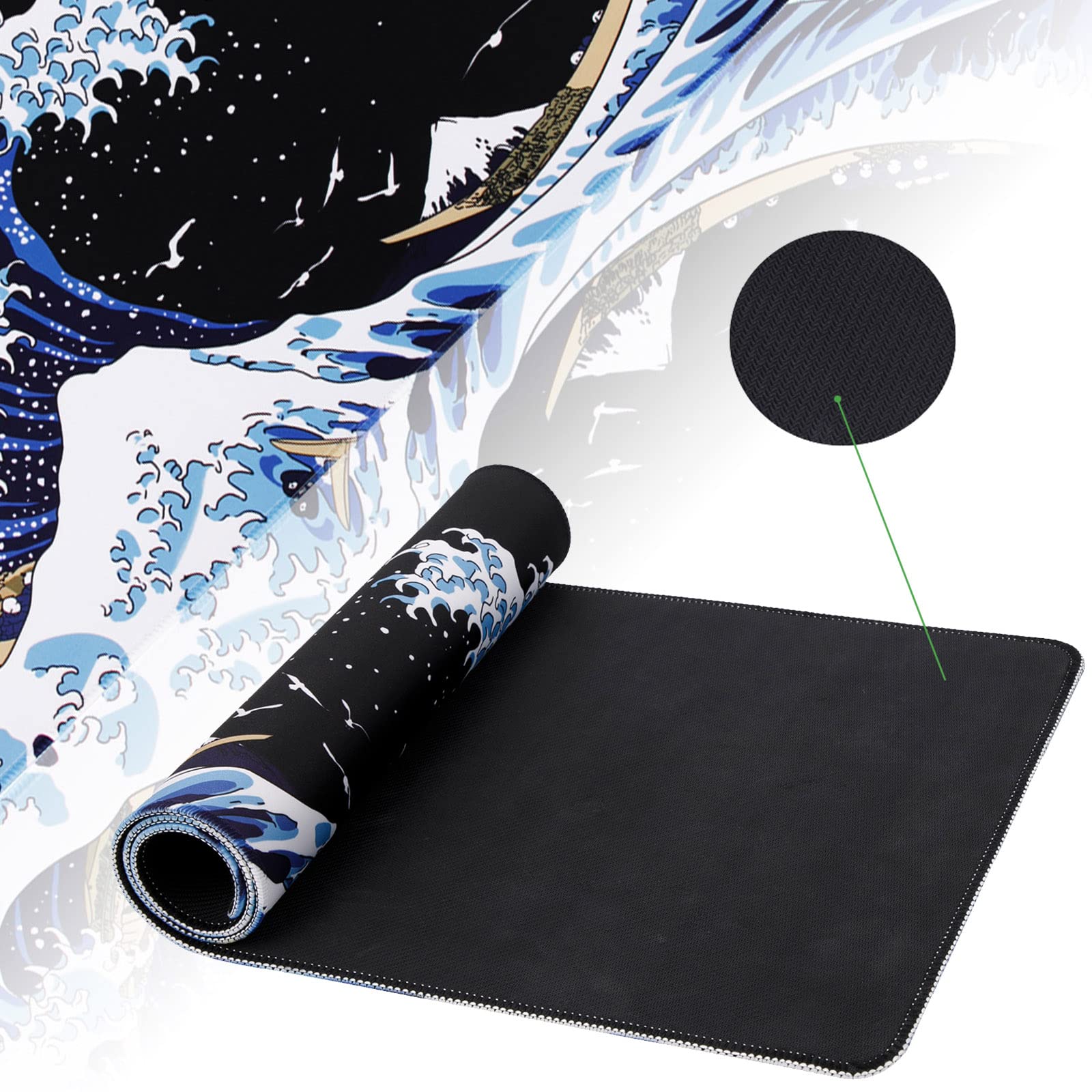 Gaming Laptop Mouse Pad,Sea Wave Big Mice Pads PC Keyboard Waterproof and  Non-Slip 31.5 x 11.8inches 3mm Thick XL,XXL Rubber Table Mat, Kanagawa