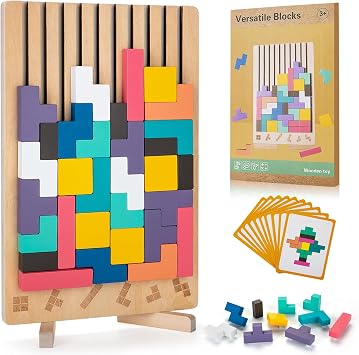 BSADIY Montessori Brain Blocks Wooden Stacking Puzzle Toy for 3-6 Year Old | Educational Montessori Toys for Kids, Colored 3D Russian Block Stacking Jigsaw Tetris Puzzle, Giant Building Block Board Game
