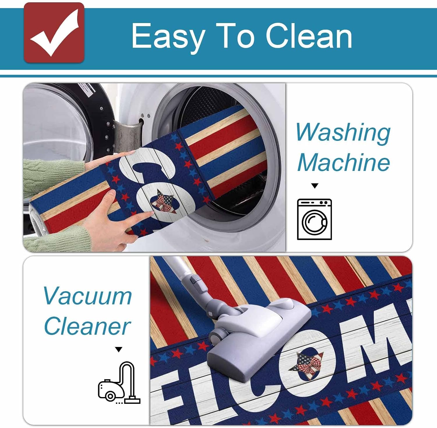 Prime Leader Independence Day Kitchen Mat Set 2 Pieces Welcome Blue Wood Grain Red Blue Retro Stripes Non Slip Kitchen Rugs Washable Runner Rug Mats for Sink Laundry (19.7" x 31.5"+19.7" x 63")