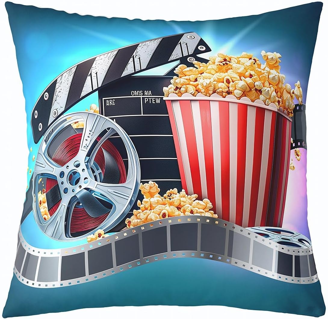 Erosebridal Set of 4 Movie Theater Theme Throw Pillow Covers Vintage Cinema Ticket Throw Pillows Covers,Popcorn Cola 18 x 18 Pillow Insert Vintage Filmstrip Cushion Cases(Inserts Not Included)