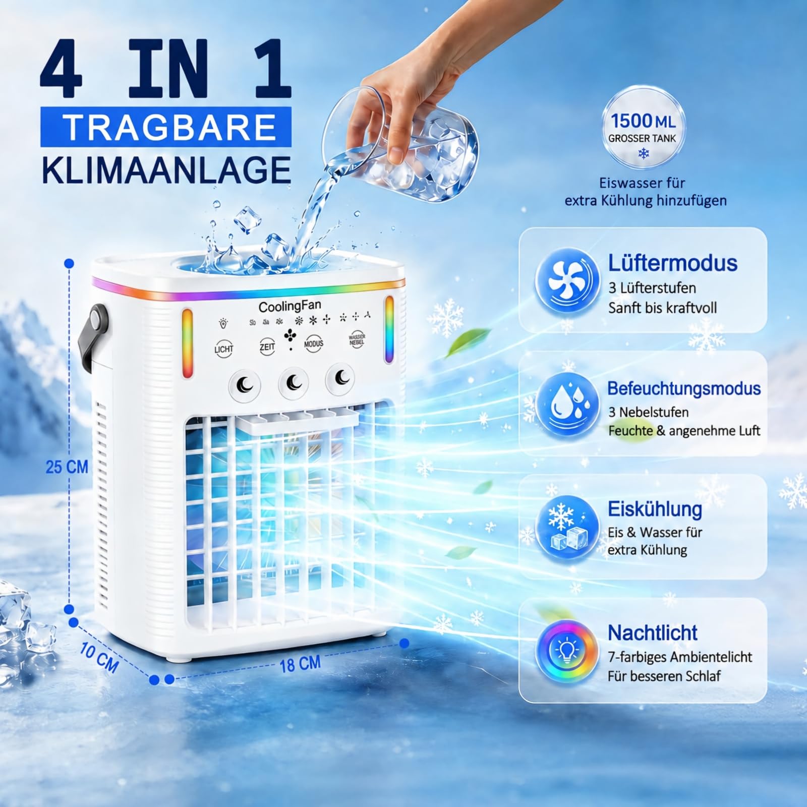 2026 Neuer 1500ML tragbarer Luftkühler, mobile Klimaanlage für Auto & Schlafzimmer, 3 Modi & 3 Geschwindigkeiten, 7-farbiges LED-Licht & für Büro, Camping & Reisen(1PCS)
