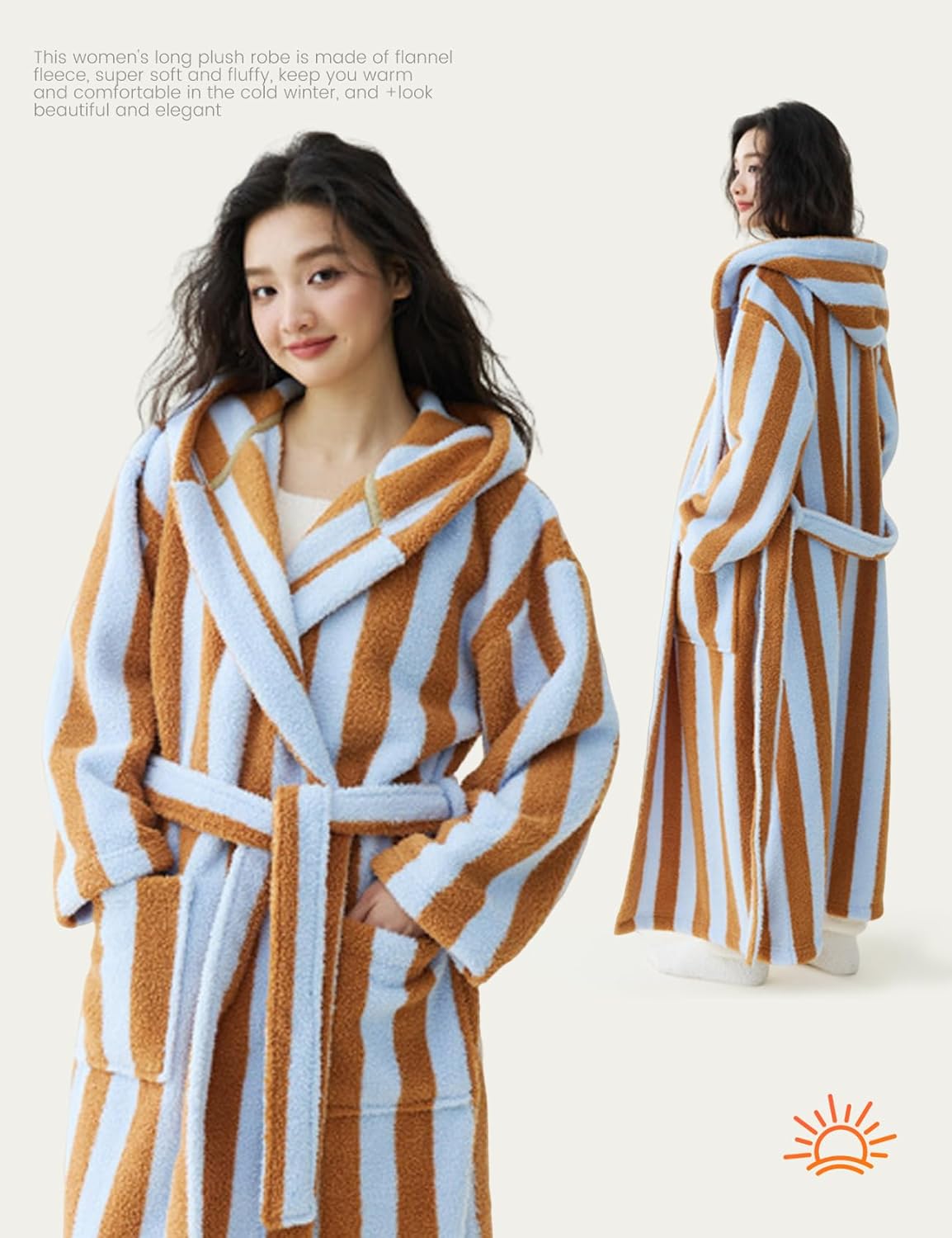 Yimoon Womens Fluffy Fuzzy Hooded Robe Striped Plush Long Bathrobes Thick Warm Soft House Coat Loungewear(Khaki-M) - Image 4