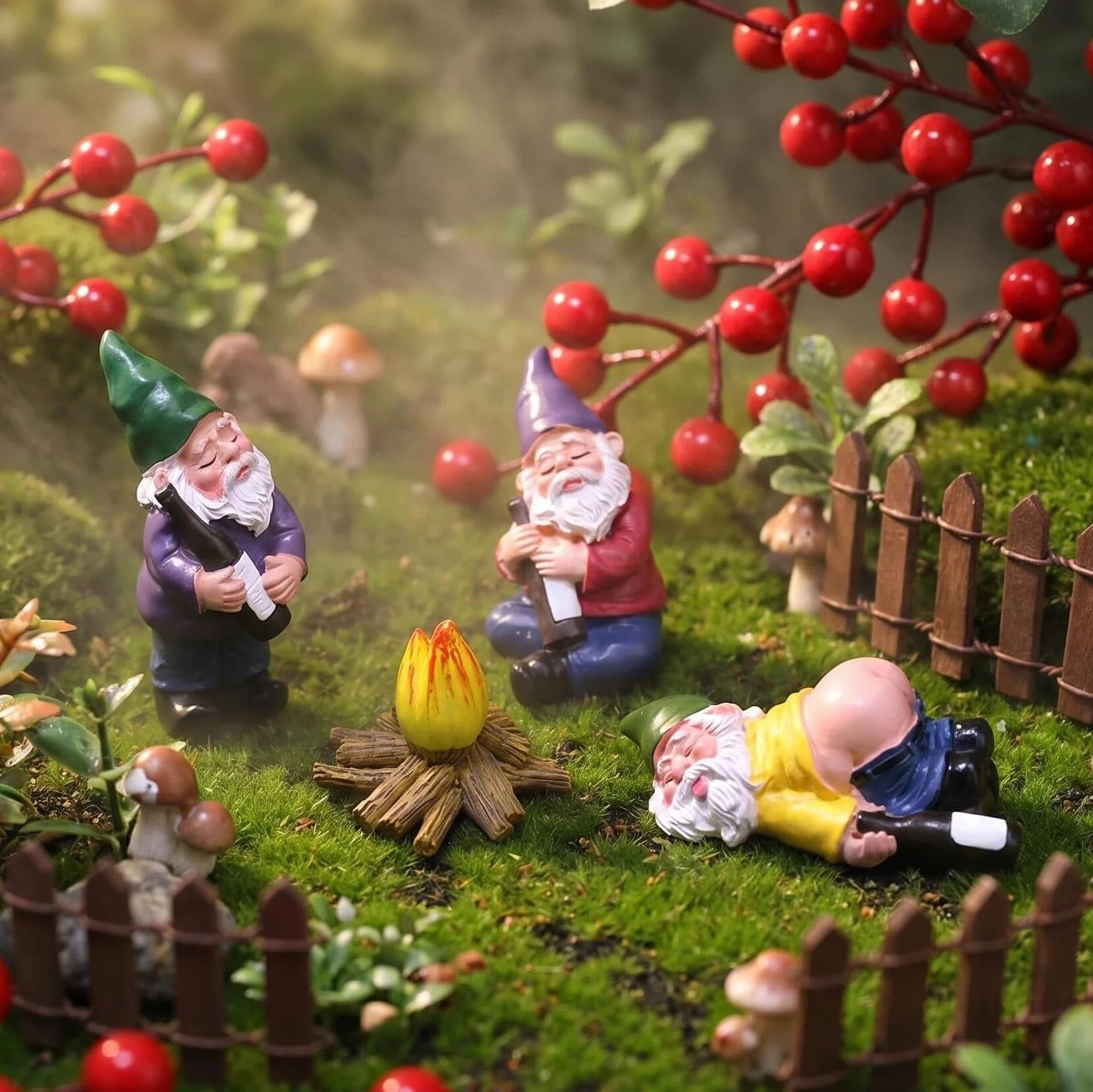 Aosyax Set of 4 Garden Figurines Miniature Ornaments Drunk Gnomes with Campfire, Hand Painted Resin Garden Statues Weather Resistant, Fairy Garden Succulent Terrarium Decor Gift