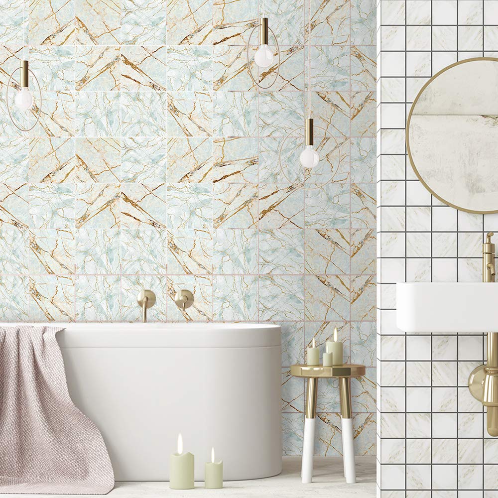 Alwayspon 30Pcs Peel&Stick Wall Tile Transfers Sticker for Home Decor, 20x20cm Self-Adhesive Splashback Tile Decals for Living Room Kitchen Bathroom Decor, Cyan Marble