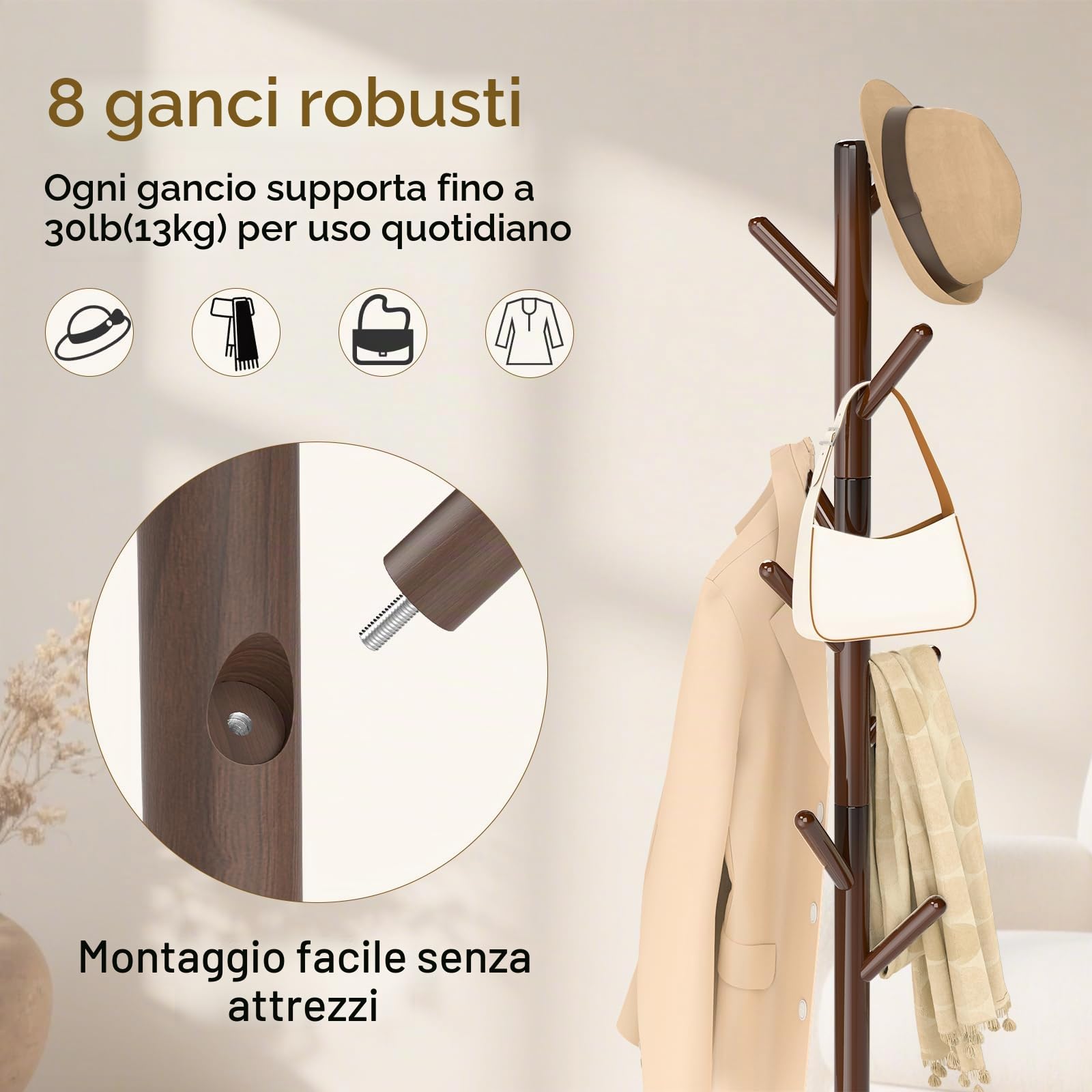 Attaccapanni da Terra, Appendiabiti Camera da Letto con 8 Ganci, Base Triangolare Stabile, per Ingresso, Corridoio, Entrata, in Legno, Marrone, 42×180cm