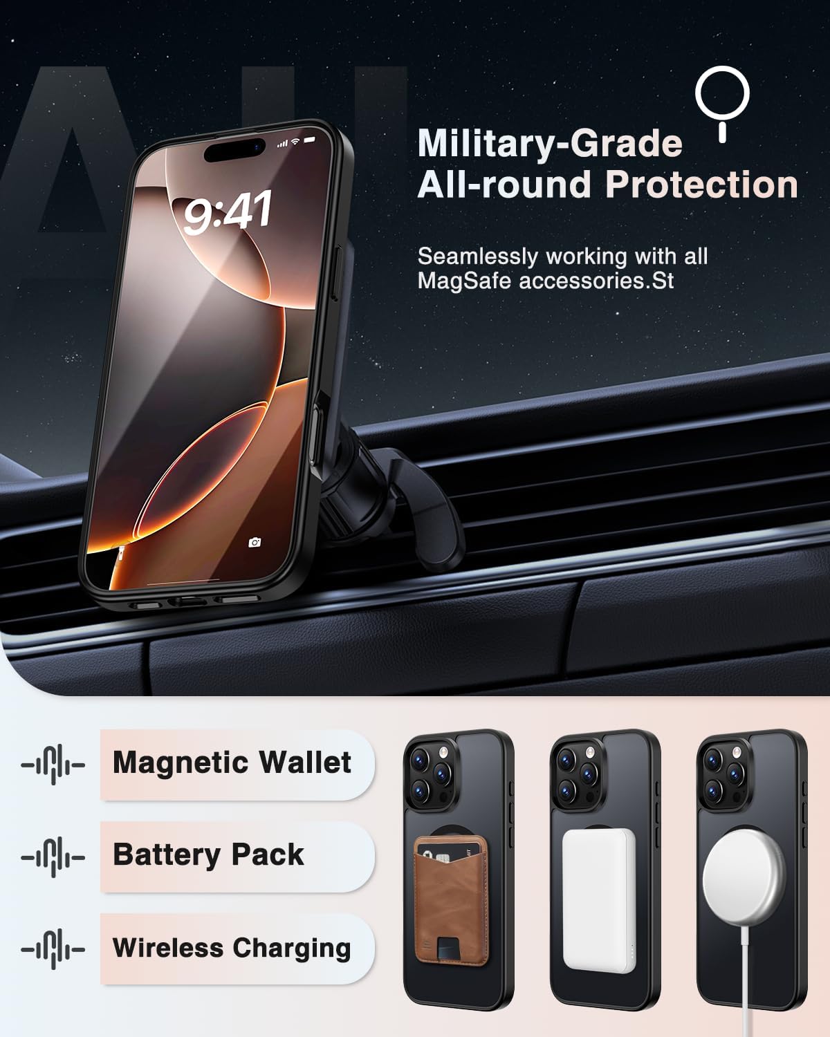 [4 in 1] Magnetic for iPhone 16 Pro Max Case, 2 Pics Privacy Screen Protectors and 1 Pic Camera Protector, Fit for MagSafe, Military Grade Shockproof Translucent Matte 16 Pro Max Cover 6.9", Black image 3