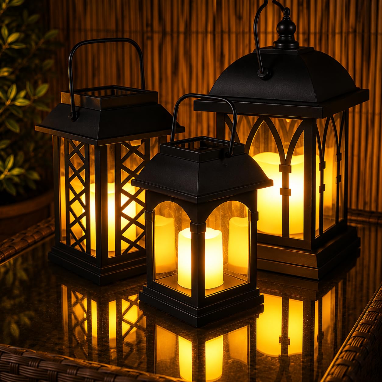 Festive Lights Amber – Set Of 3 Solar Led Garden Lanterns – Outdoor Decorative Hanging & Tabletop Lantern Lights, Flickering Led Candle Effect, Weatherproof Ip44, For Patio, Balcony, Pathways
