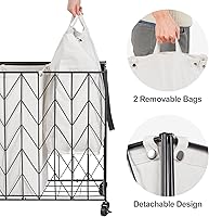 Vista 5 de WOWLIVE Cesta de lavandería con ruedas, cesta de lavandería resistente con tapa de madera, cesta de ropa con bolsa interior extraíble dividida