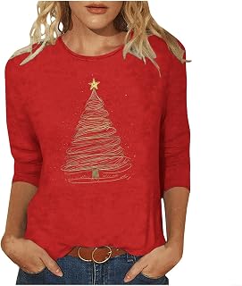 Christmas Shirts for Women Trendy Wine Glass Graphic 3/4 Sleeve Crewneck Tunic Blouses Casual Funny Xmas Holiday Tops