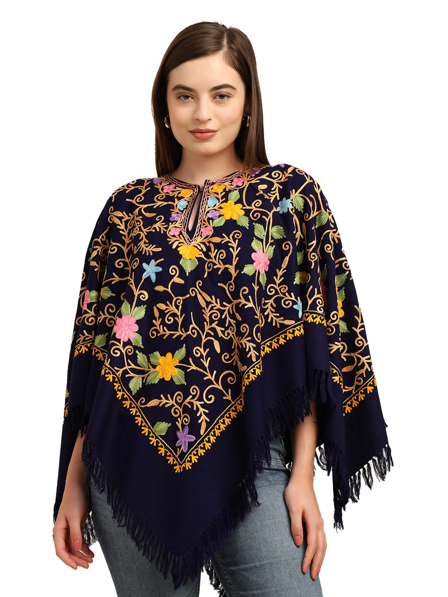 craftbazar Floral Embroidered Poncho with Fringe, Navy Blue, Multicolour Pattern, Keyhole Neckline-picture-39
