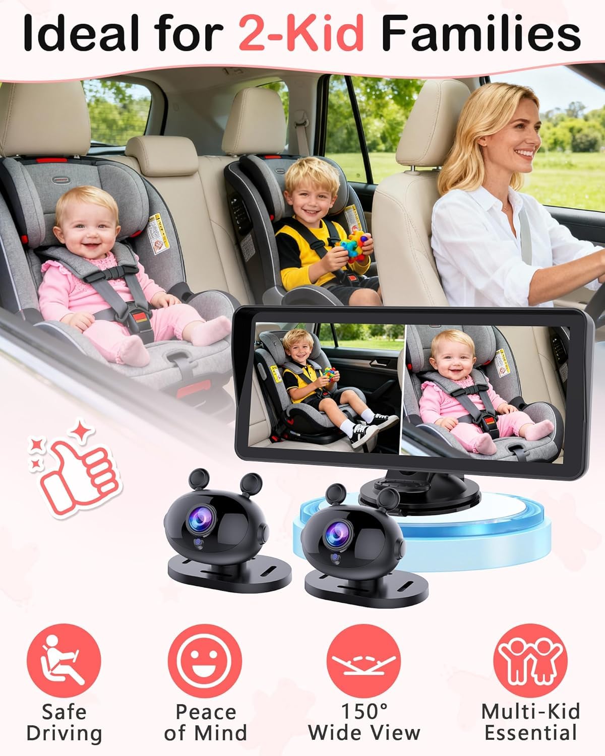 Wkzay Cámara dual HD 1080P para coche de bebé para 2 niños: pantalla dividida de 6.9 pulgadas con 2 cámaras de visión nocturna para asiento de coche - USB de 5 minutos fácil de instalar 360° ajustable