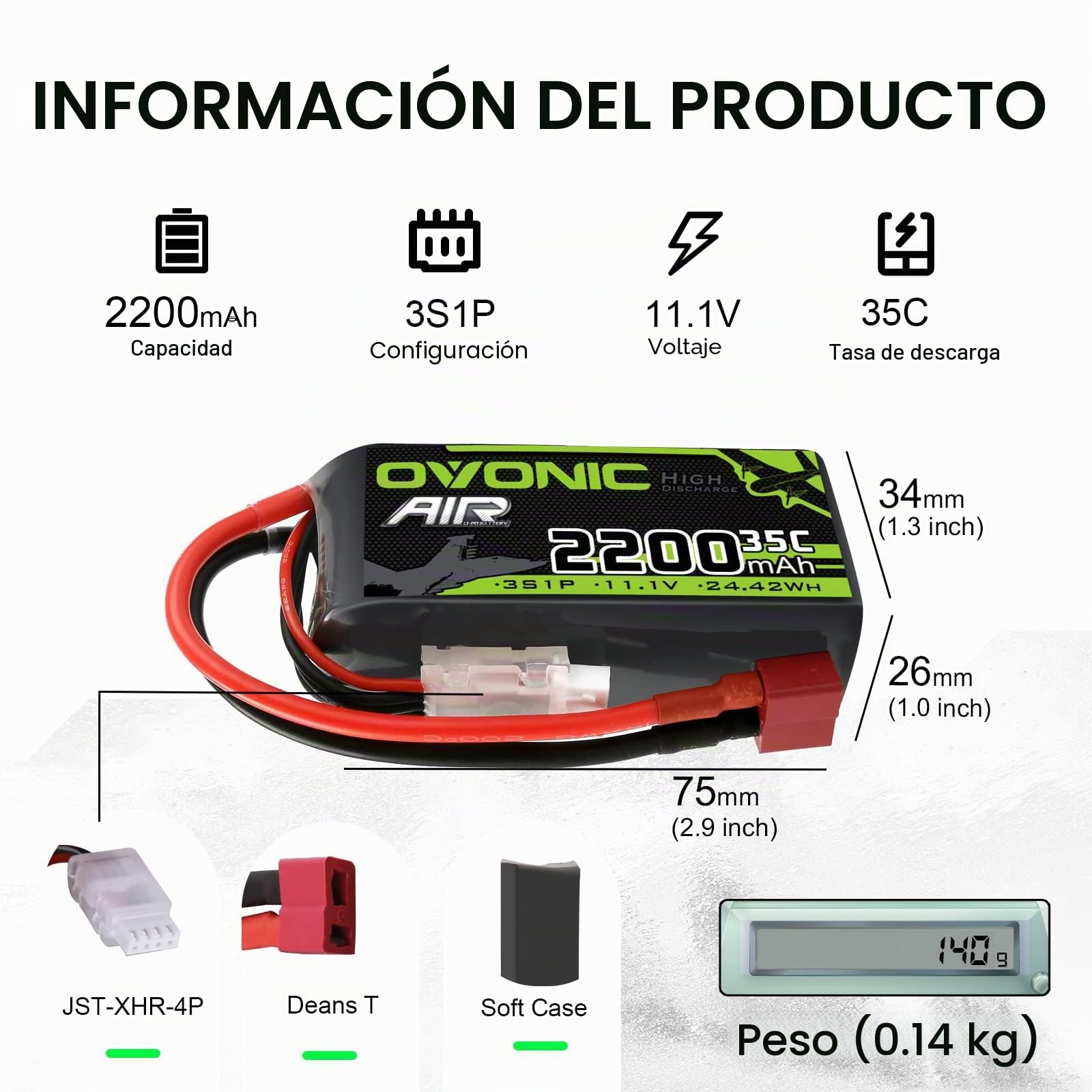 OVONIC 3S - Batería de polímero de litio (35 C, 2200 mAh, 11,1 V, con conector Deans para helicóptero de avión, para avión teledirigido de 1:14)