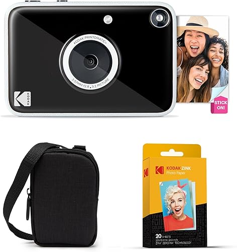 KODAK Printomatic+ - Paquete de inicio de cámara digital de impresión instantánea + Estuche de transporte + Papel fotográfico adhesivo Zink de 20