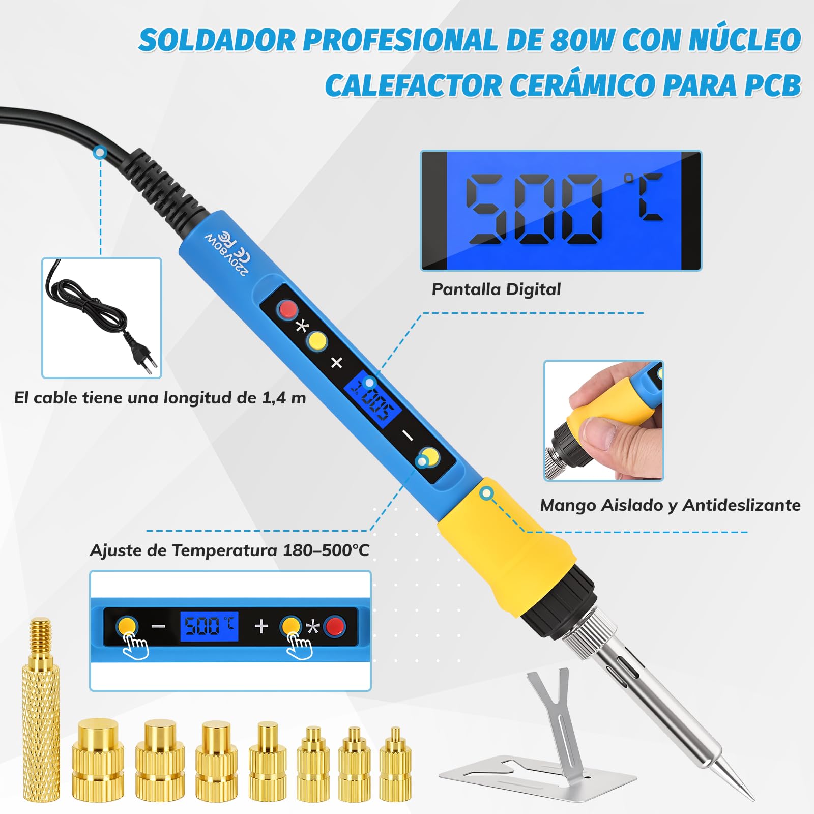 Insertos Roscados 400 pcs con Soldador 80W, Temperatura Ajustable 180–500°C, 7 Puntas, M2/M2.5/M3/M4/M5/M6/M8 para Impresión 3D y Plástico