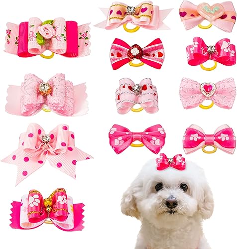 12 lazos para perros de tamaño pequeño para pelo de cachorro con bandas de goma, lindo tocado rosa para perritos y gatos con diamantes de imitación, disponible en Yaxa Colombia