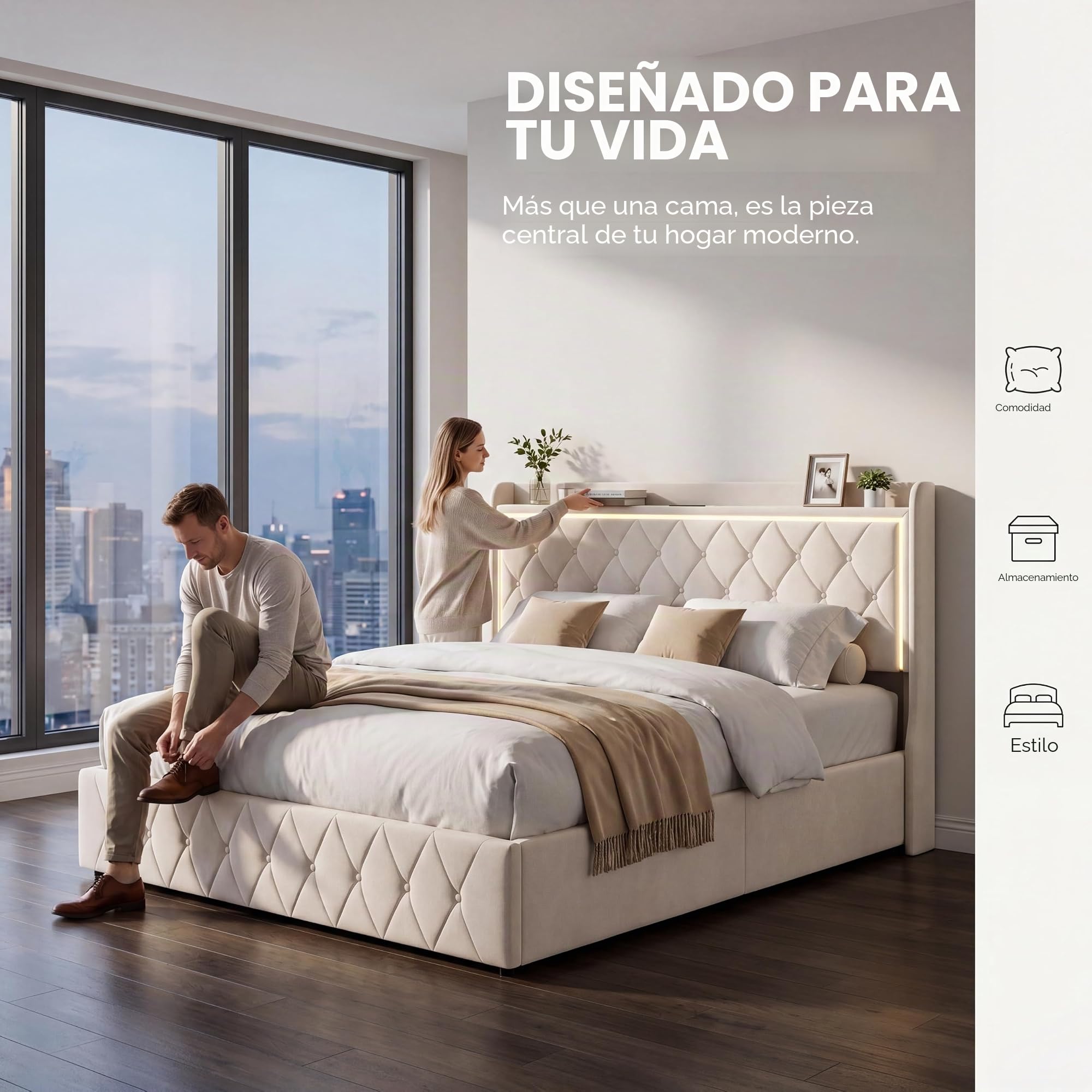 DADEA Cama Matrimonio 140x200 con LED y USB, Camas Matrimoniales con Canapé, Cama Doble Matrimonio Moderna con CabeceroCama Tapizada 140x200 con Almacenaje Camas Adultos con Somier, Sin colchón