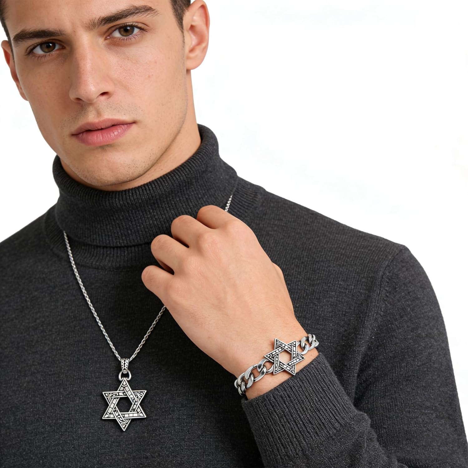 Star of David Necklace and Bracelet Set for Men Jewish Star Pendant Necklaces Stainless Steel Jewelry Gifts