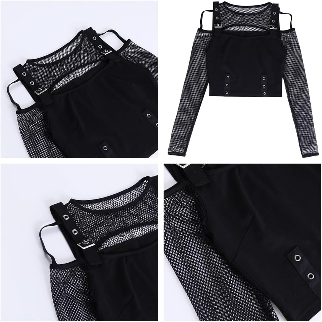 Long Sheer Mesh Sleeve Off Shoulder Women Going Out Goth Tops - Image 3