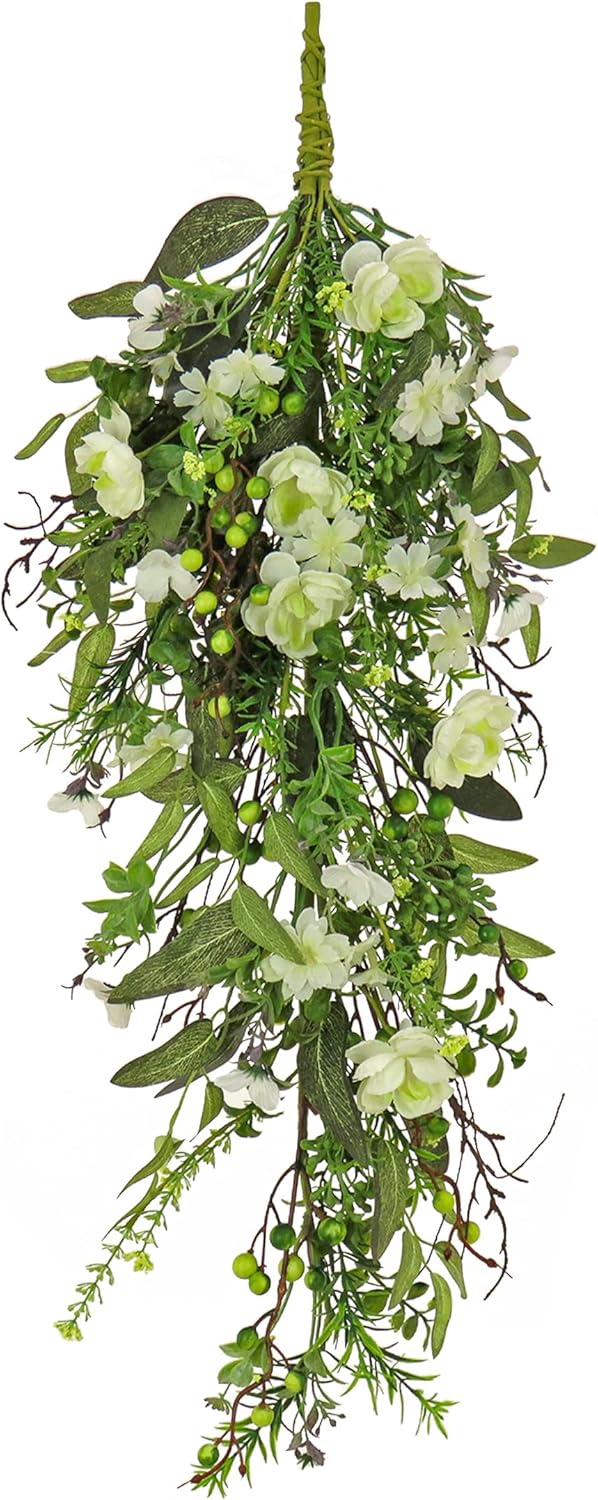 National Tree Company Artificial Spring Teardrop Hanging Decoration, Vine Stem Base, Decorated with Flower Blooms, Berries, Leafy Greens, Spring Collection, 28 Inches
