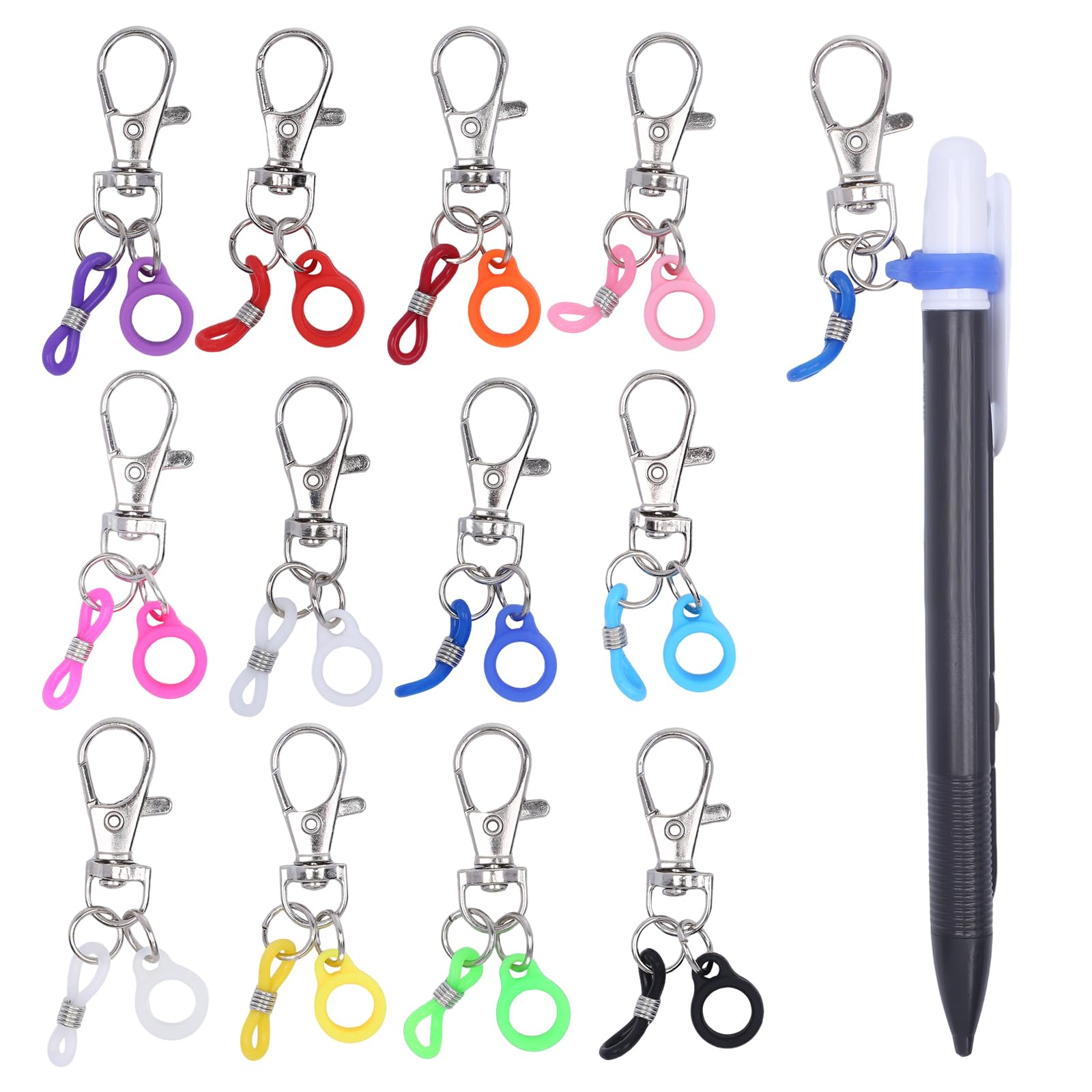 12 Pcs Lanyard Pen Holder, 12 Colors Pen Clips with Anti-Lost Silicone Rubber Rings, Badge Pen Holder with Lobster Claw Clasp, Pencil Holder Clip for Nurse Badge Reel, Office Lanyard Accessories