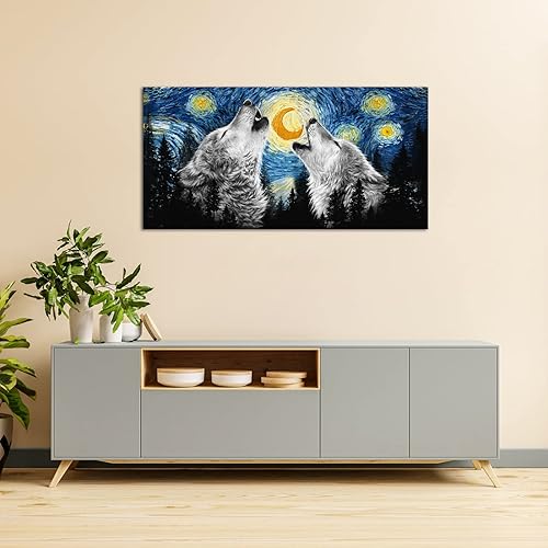 Miniatura 2 de KLVOS Lienzo de lobo grande para pared, arte de animales salvajes en blanco y negro, ilustraciones rústicas de cabaña enmarcadas para sala de estar,