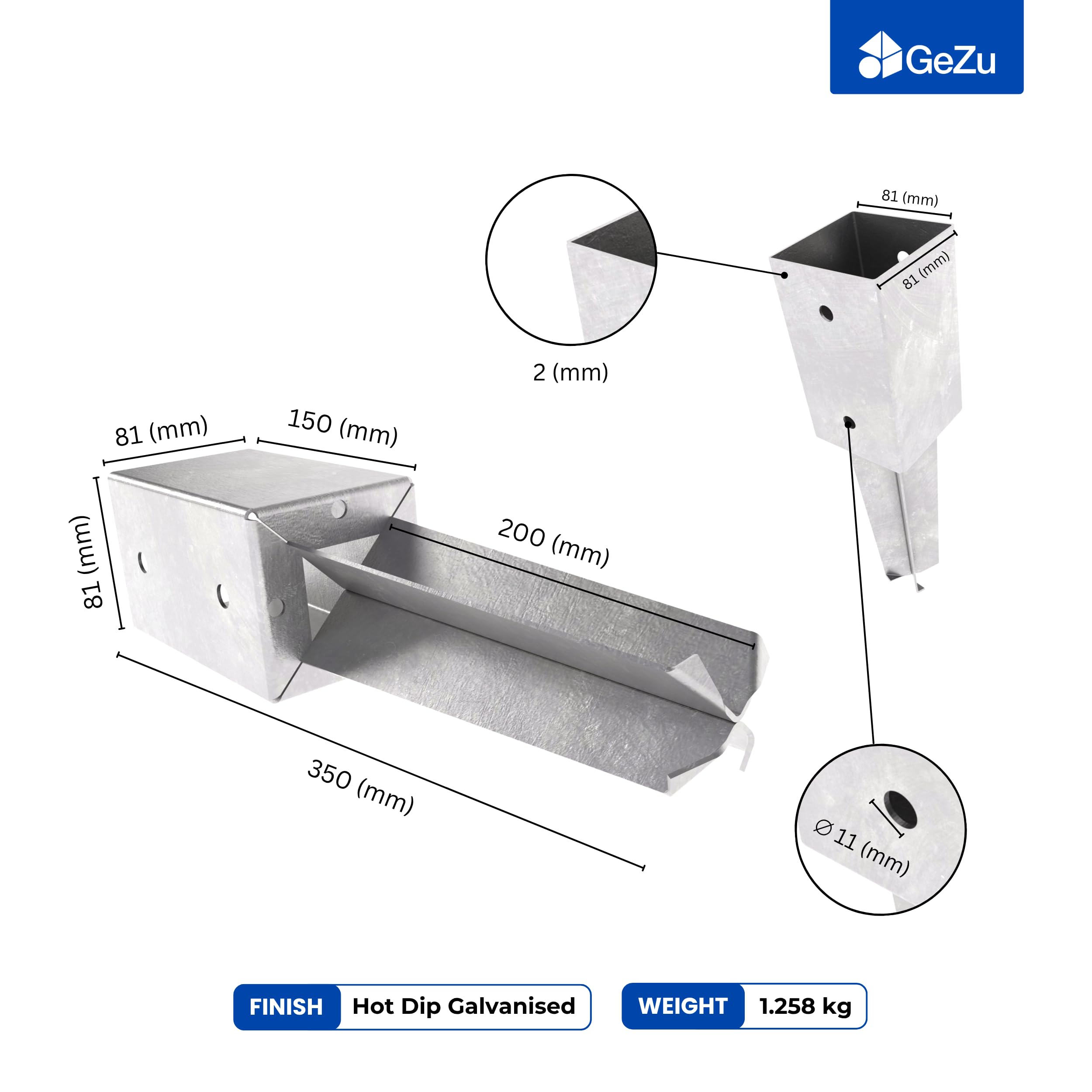 GeZu Impex Supporto per Palo 81 x 81 mm Set di 4 | Zincato a Caldo Ancoraggio per Recinzione con Punta da Cemento Supporto a Punta per Palo con Aletta Corta