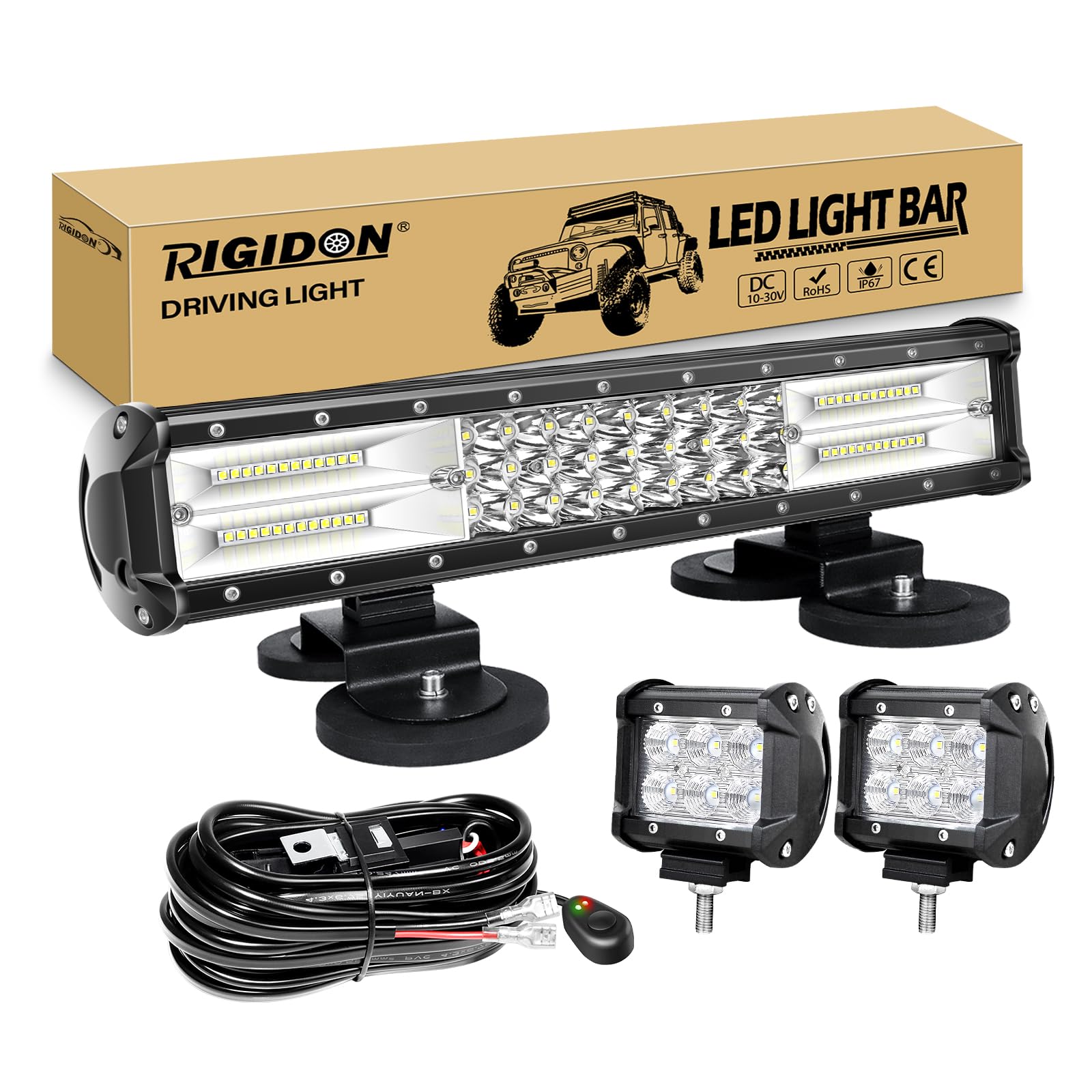 RIGIDON Listwa świetlna LED do jazdy 38 cm 216 W z zestawem kabli wiązki przewodów 12 V, uchwyt magnetyczny i światła robocze 18 W do samochodów terenowych, ciężarówek, SUV-ów, ATV, 4 x 4, lampa