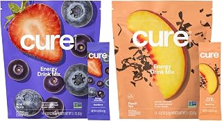Cure Hydration Performance Bundle | Plant-Based Electrolyte Energy Mix | No Sugar | 100mg Caffeine | Non-GMO | Vegan | Dehydration Relief | 14-Pack Each: Peach Tea & Acai Berry