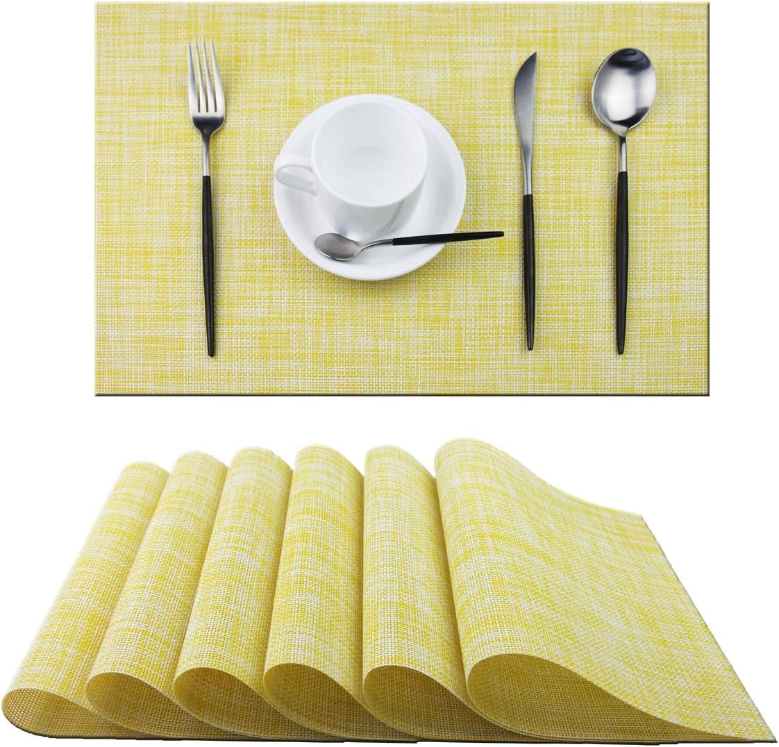 PIGCHCY Placemats Washable Vinyl Table Mats Elegant Non-Slip Placemats for Dining Table Set of 6 (Yellow)