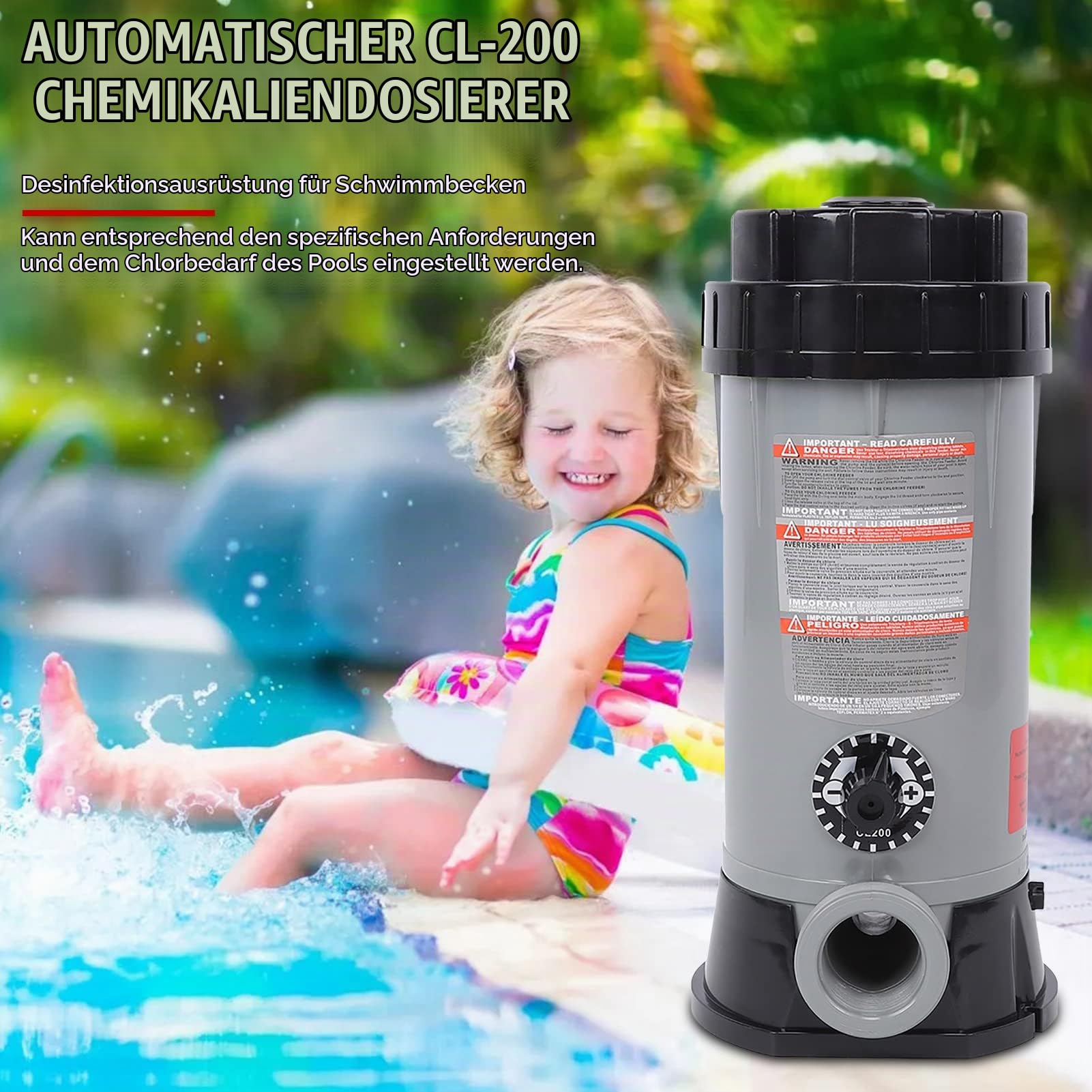 Automatische automatische Chemikalienzuführung, robuste und langlebige automatische Chlorzufuhr, korrosionsbeständiger CL-200-Teich für Schwimmbad-Desinfektionsgeräte