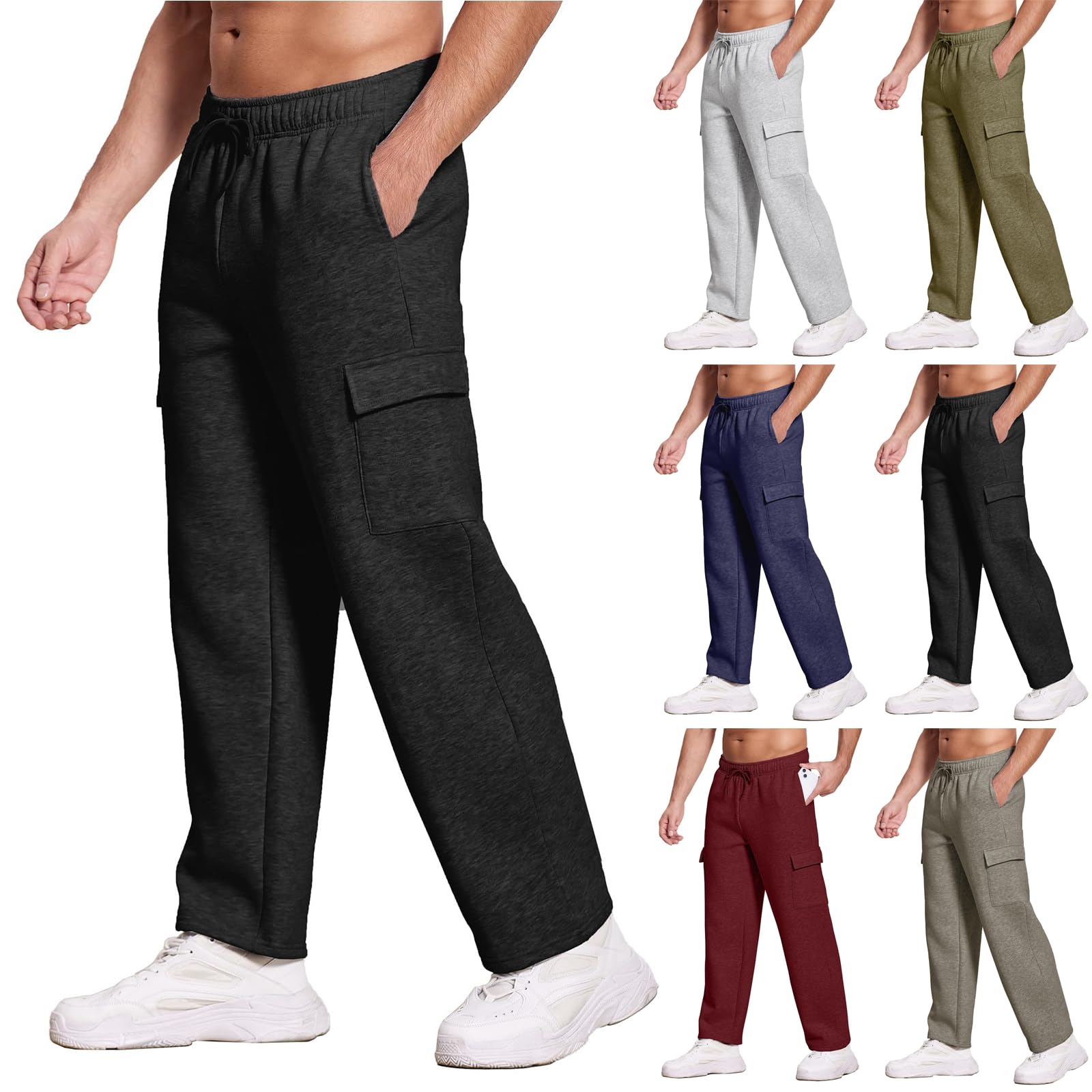 Baggy Sweatpants Men Open Bottom Drawstring Waist Wide Leg Cargo Sweatpants Loose Fit Workout Lounge Pants w Pockets