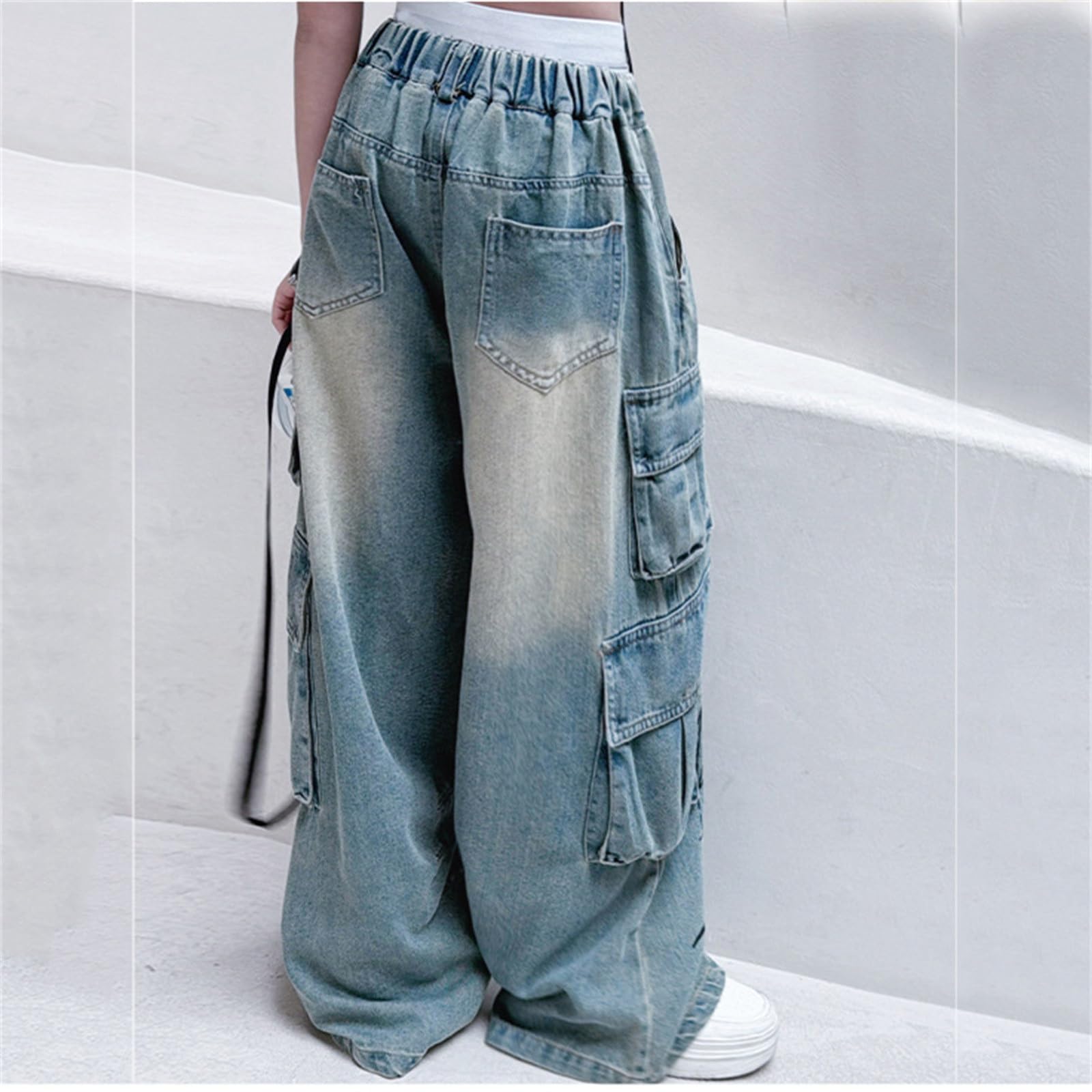 Generisch Jeans per ragazze con motivo a cuore, vita alta, elastico, gamba larga, pantaloni in denim, look usato, carino casual