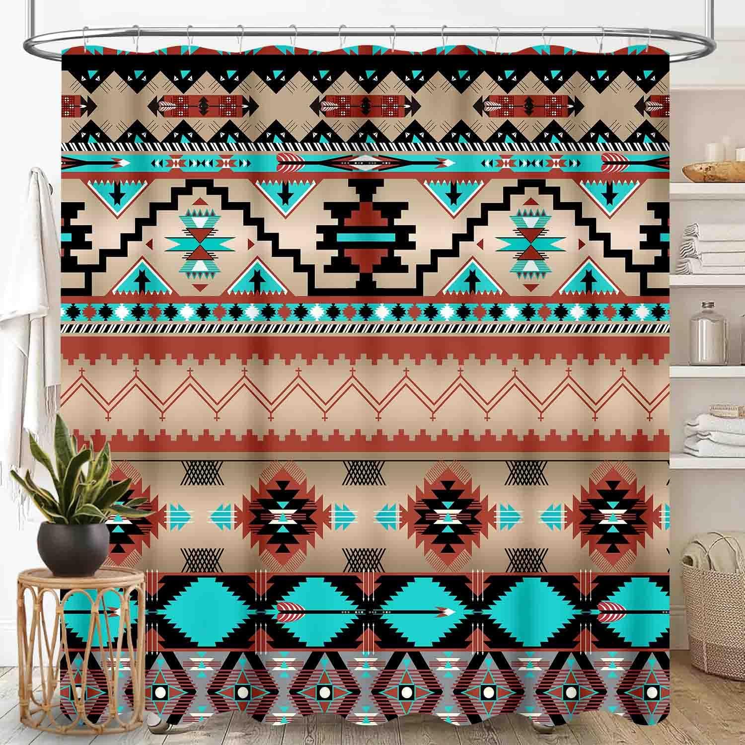 Southwest Shower Curtain, Western Aztec Natvie Tribal American Ethnic Abstract Geometric Vintage Red Waterproof Fabric Bathroom Shower Curtain Set with Hooks, 72"x78" Inch