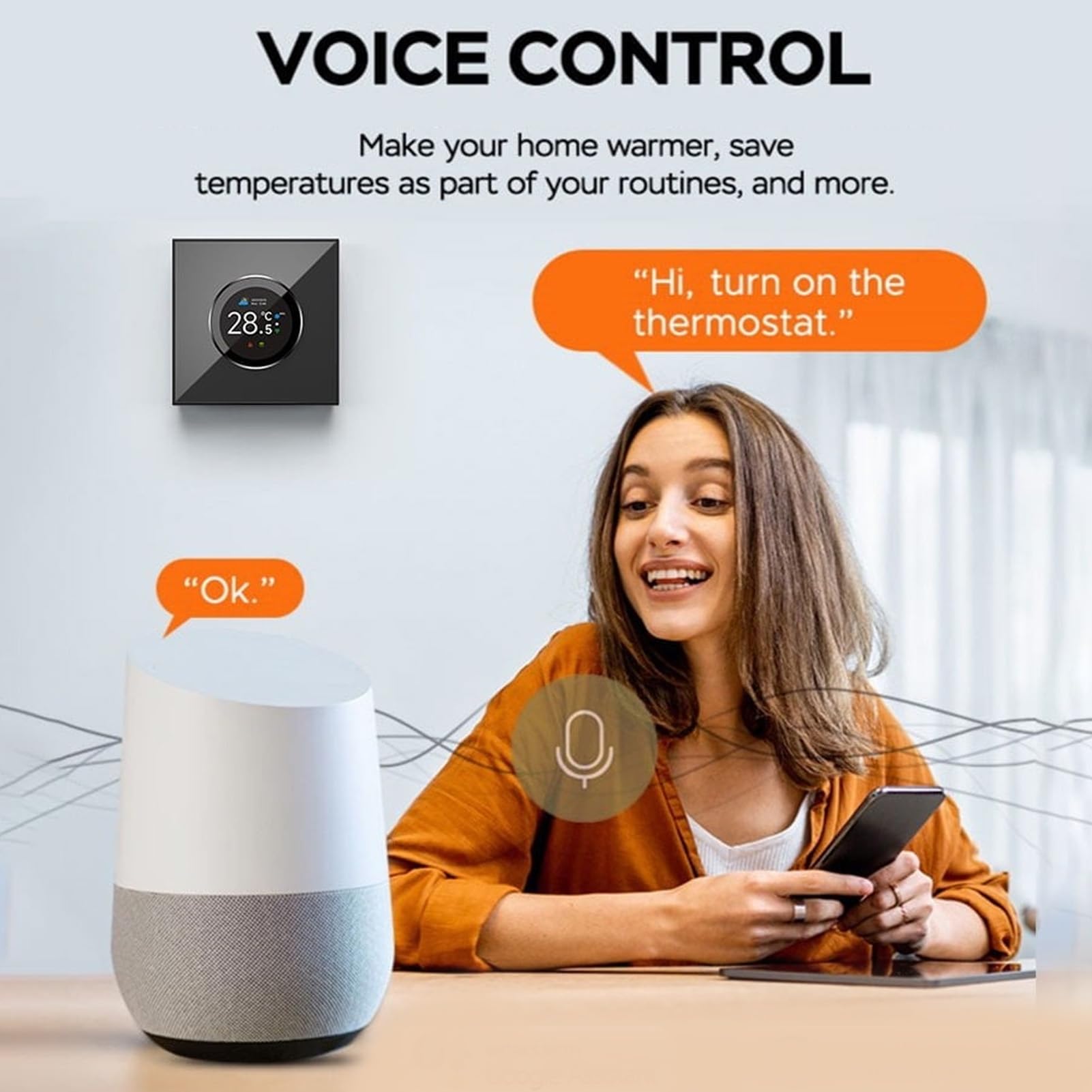 Bewinner Termostat z Inteligentnym Pokrętłem do Podgrzewania Wody, Cyfrowy Termostat WiFi ze Sterowaniem Głosowym za Pośrednictwem Aplikacji, 2-kierunkowe Pokrętło Obrotowe z Oświetleniem