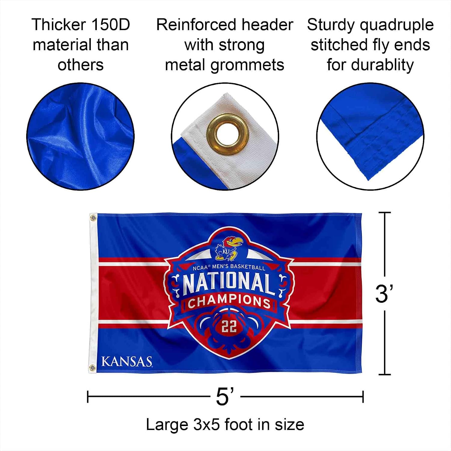 Kansas KU Jayhawks Mens Basketball 2022 National Champions Flag with Pole and Bracket Holder University Set