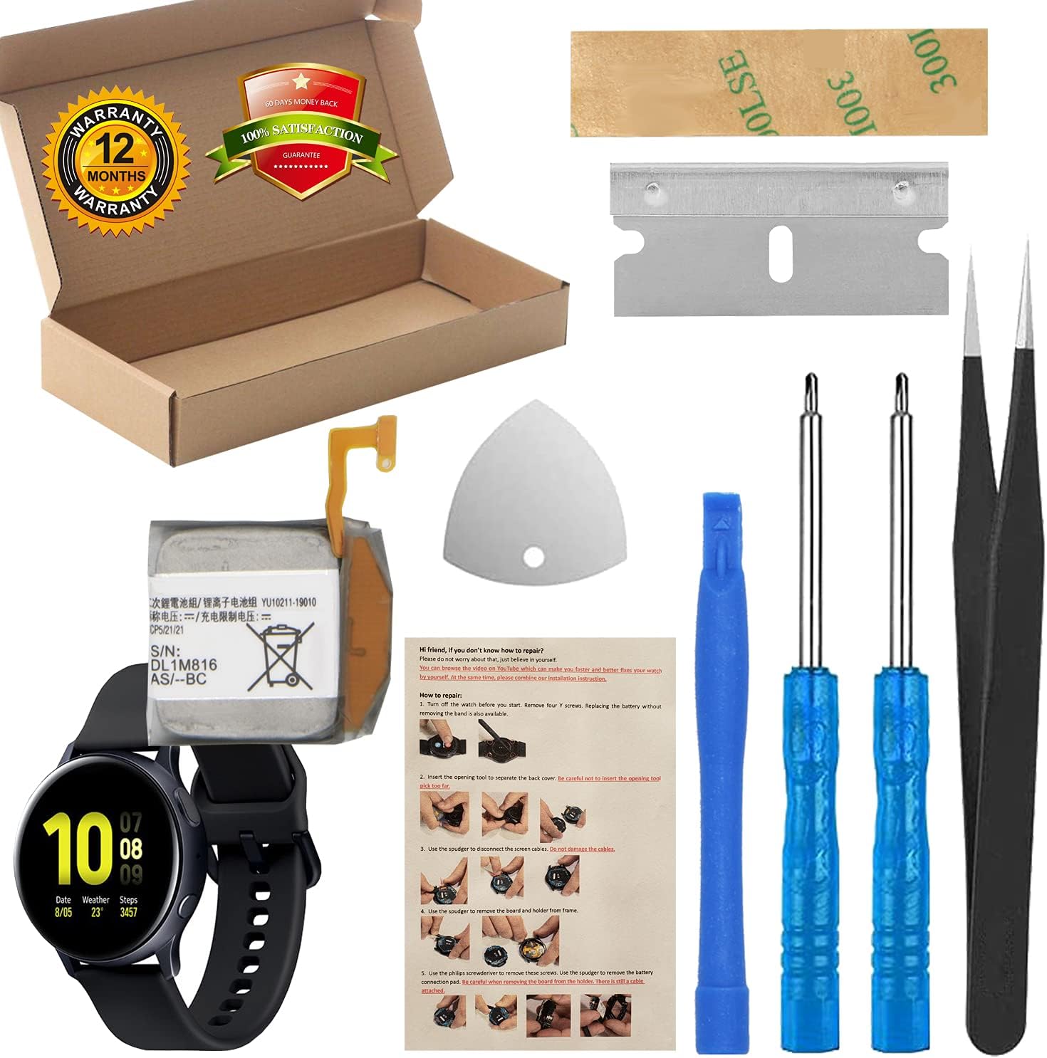 EB-BR830ABY Battery for 40mm Samsung Galaxy Watch Active 2 Battery Replacement with Repair Tool Kit + Installation Instruction