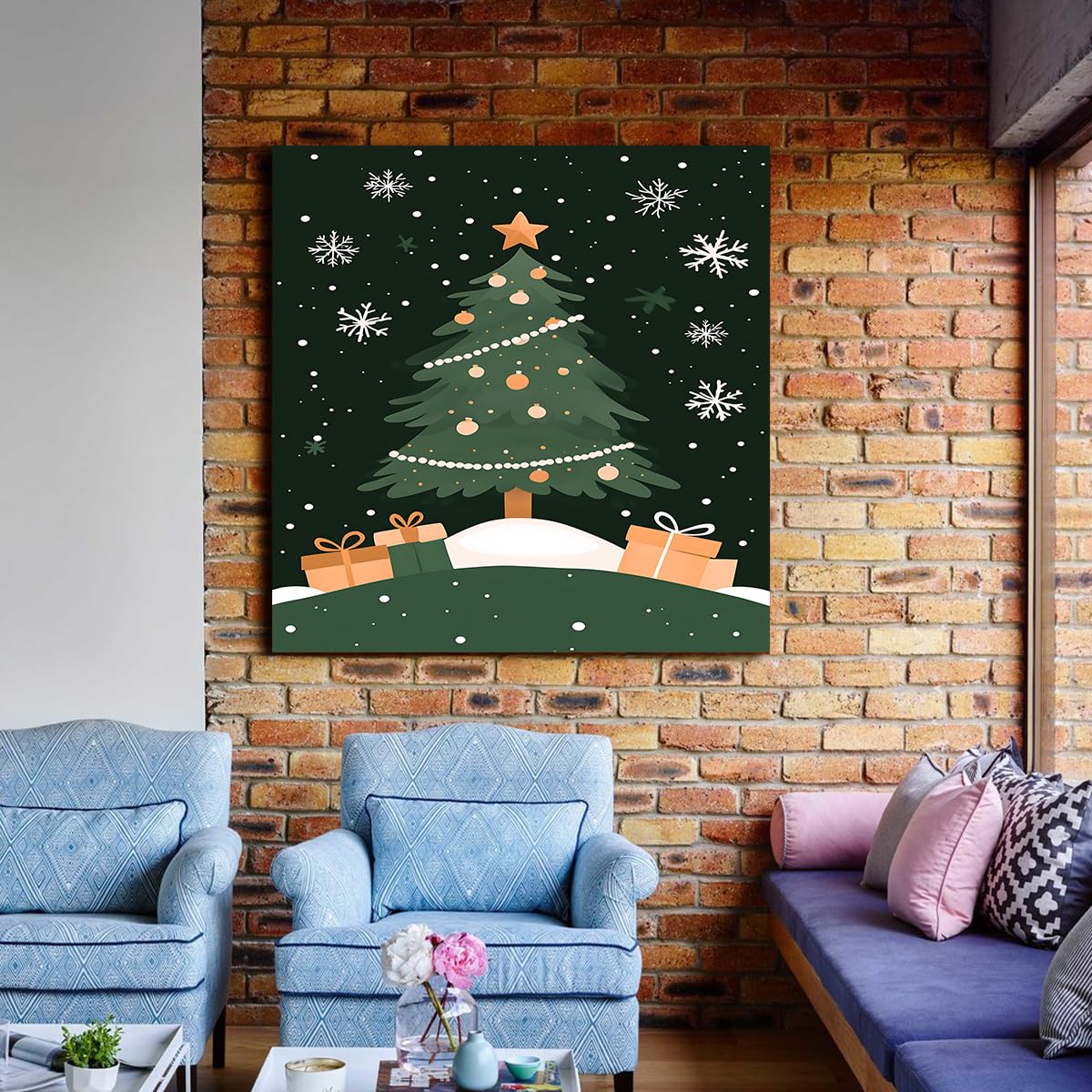 TOANGWALL Styl marzeń choinka płótno sztuka ścienna świąteczna ściana płatek śniegu wydruki nowoczesne plakaty malarstwo do salonu wystrój domu 70 x 70 cm bez ramki
