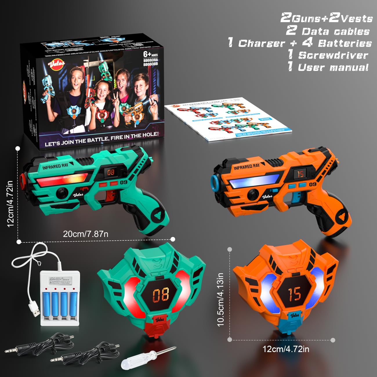 VATOS Wiederaufladbare Laser Tag Set 2 Packs - Echtzeit-Daten SYNC Infrarot Laser Tag Sets, 2 Spieler Lazer Tag Shooting Game für Kid Teen Alter 6-12 Jahre alt Spielen drinnen und draußen
