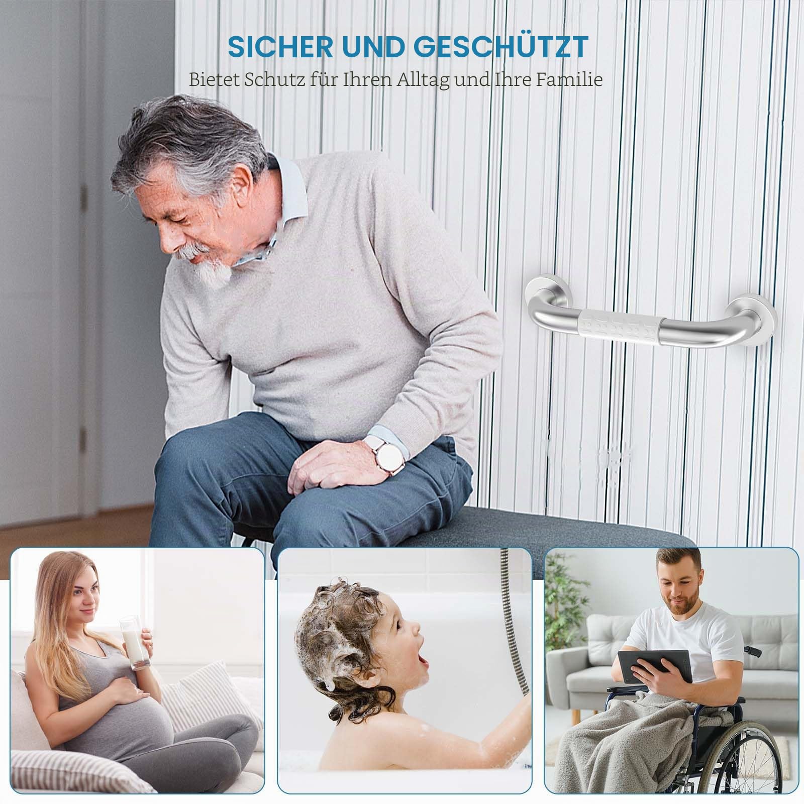 Oderra 30 cm Haltegriffe Für Senioren, Edelstahl Rutschfest Badewannengriff, Badezimmer Haltegriff Duschgriffe für Wandmontage WC, Griff Dusche Mit Leuchtkreisen