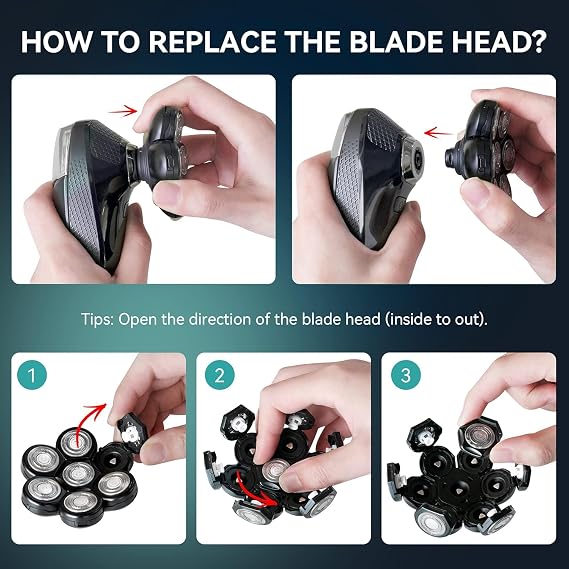 kensen 7D Head Shaver Replacement Head - Electric Shaver Replacement Head 7 Heads for Bald Men Wet and Dry Compatible Many Models Waterproof Head Razor