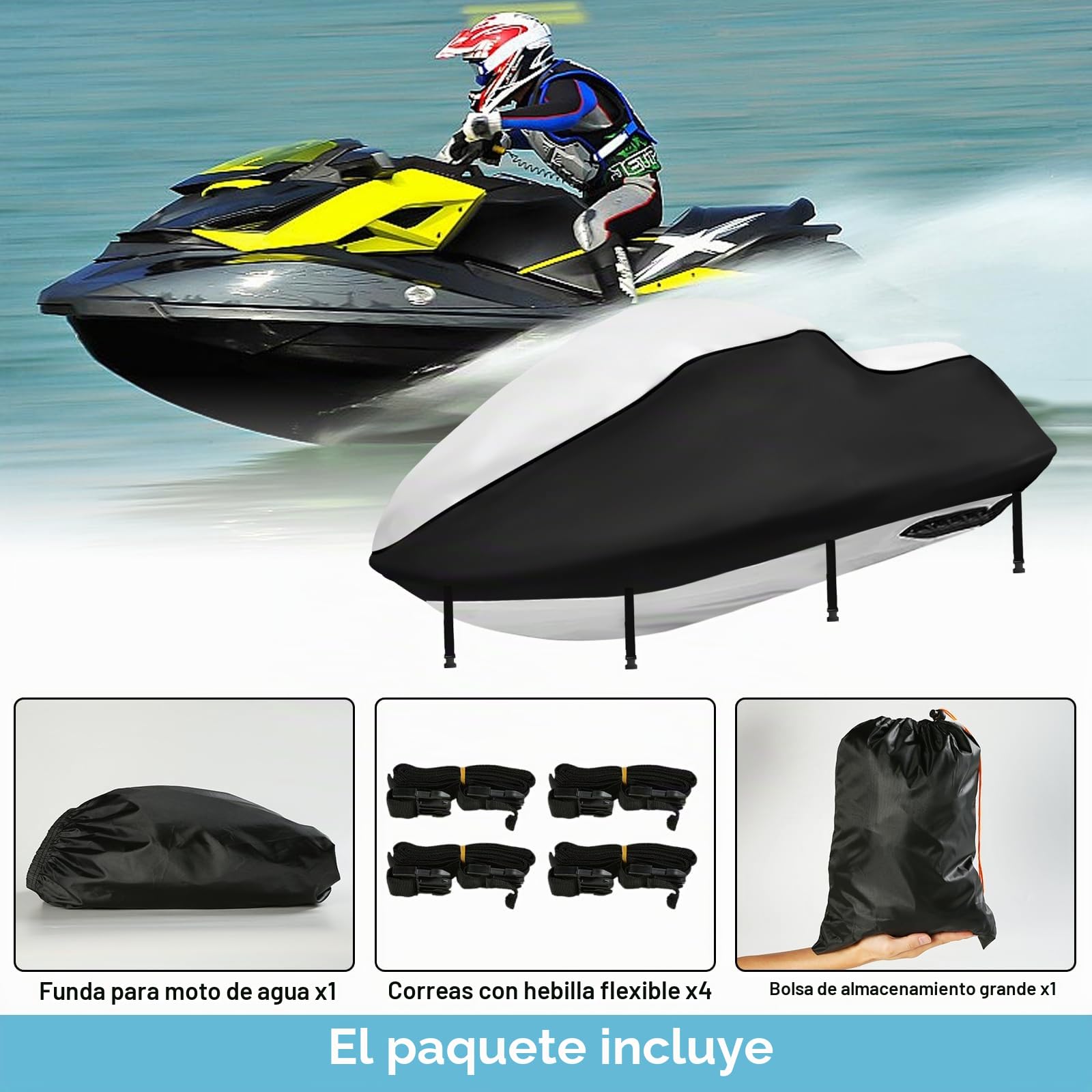 Funda Impermeable para Moto acuática de 3 plazas, Cubierta PWC 420D Mejorada con 2 Rejillas de ventilación,Resistente a los Rayos UV para Seadoo, Kawasaki, Waverunner Polaris(307-343CM Plata-Negro)