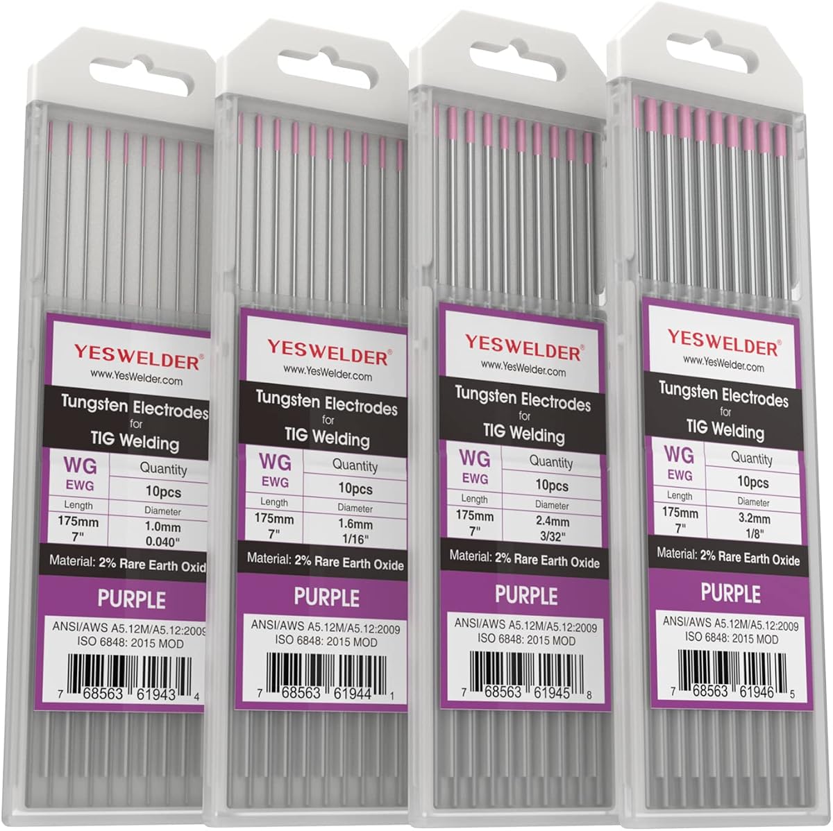 Paquete PÚRPURA: 4 paquetes de 10 piezas (1/16", 3/32", 1/8", .040'') YESWELDER TIG Electrodo de tungsteno para soldadura no radiactivo Comparable a E3 Púrpura