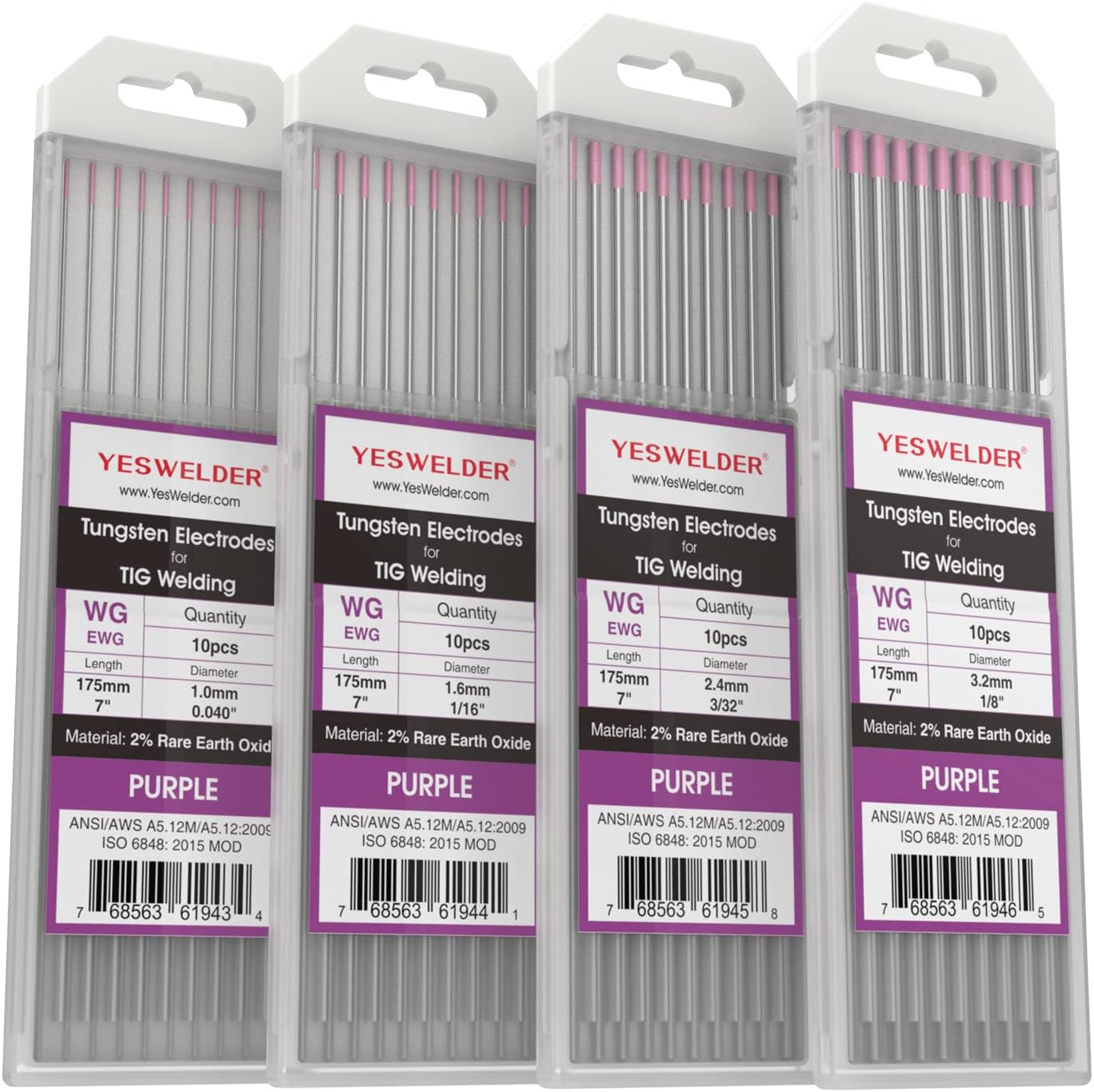 PURPLE Bundle-4 packs of 10 pcs (1/16", 3/32",1/8",.040'') YESWELDER TIG Welding Tungsten Electrode NonRadioactive Comparable to E3 Purple