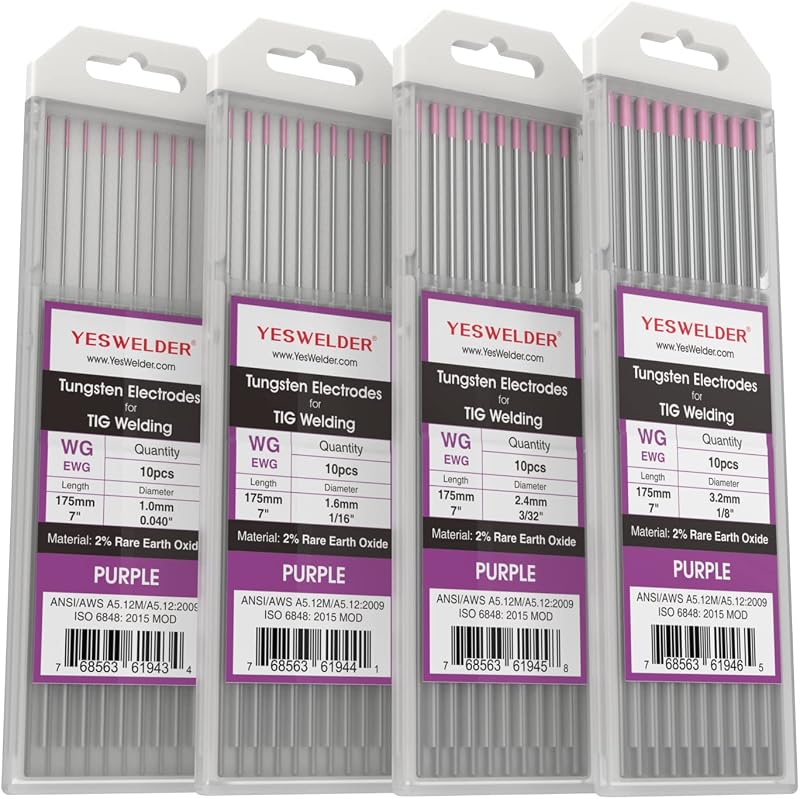 Paquete PÚRPURA: 4 paquetes de 10 piezas (1/16", 3/32", 1/8", .040'') YESWELDER TIG Electrodo de tungsteno para soldadura no radiactivo Comparable a E3 Púrpura