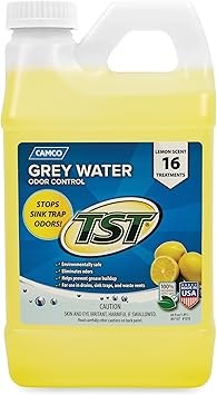Camco TST Camper/RV Grey Water Odor Control - Removes Grease Buildup in Gray Water Tank, Sink & Shower Drains - 4oz Treats 40-Gal Holding Tank - Safe Septic Tank Treatment - Lemon, 64 oz 40256