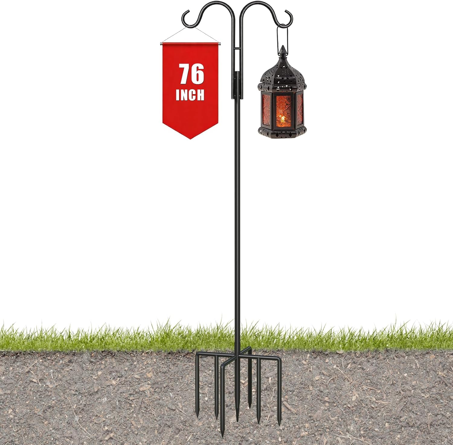 joyhalo Double Shepherds Hook for Outdoor, 76 Inch Heavy Duty Pole with 5 Prong Base, for Hanging Bird Feeders & Nests, Flower Baskets, Lanterns
